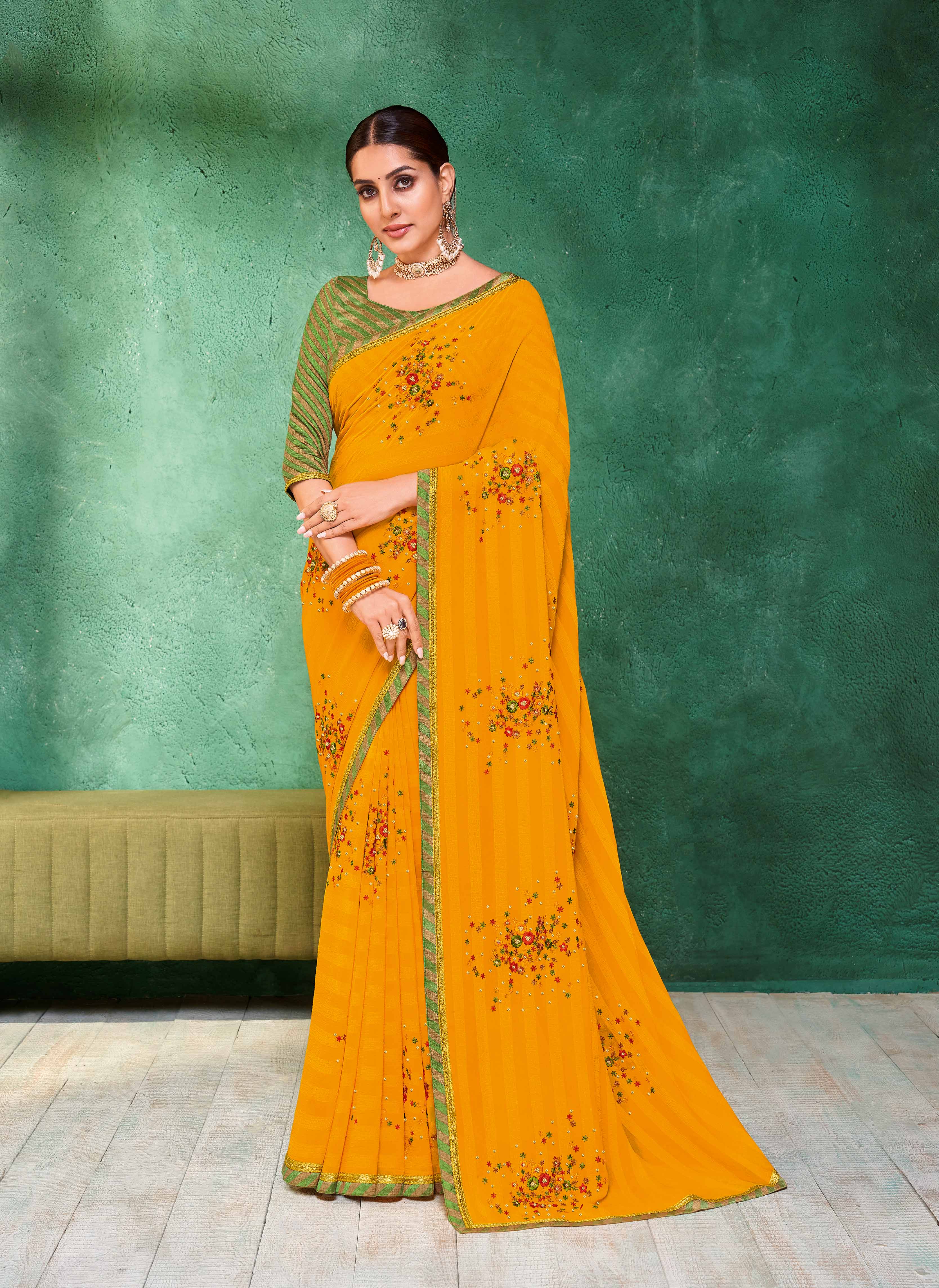 Laxmipati Mangla Gauri Mustard Georgette Saree with Floral Embroidery