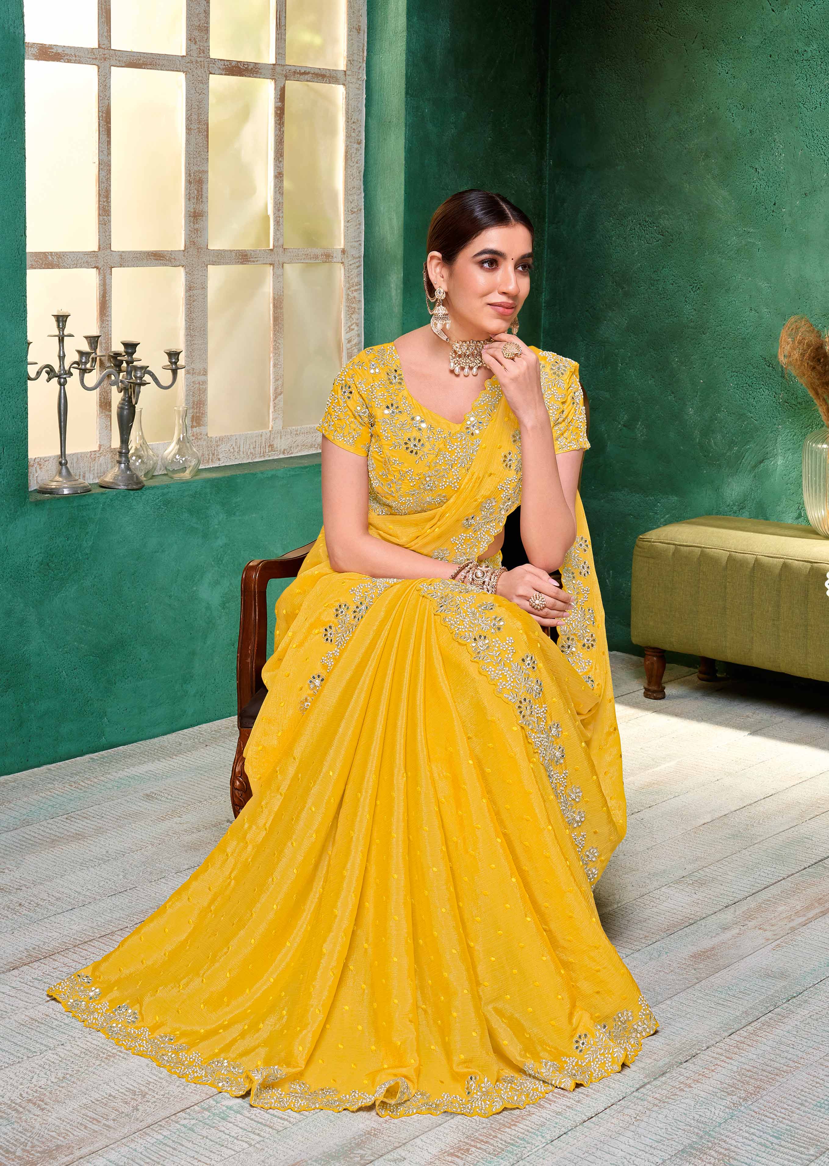 Laxmipati Mangla Gauri Yellow Chiffon Saree with Zari Embroidery