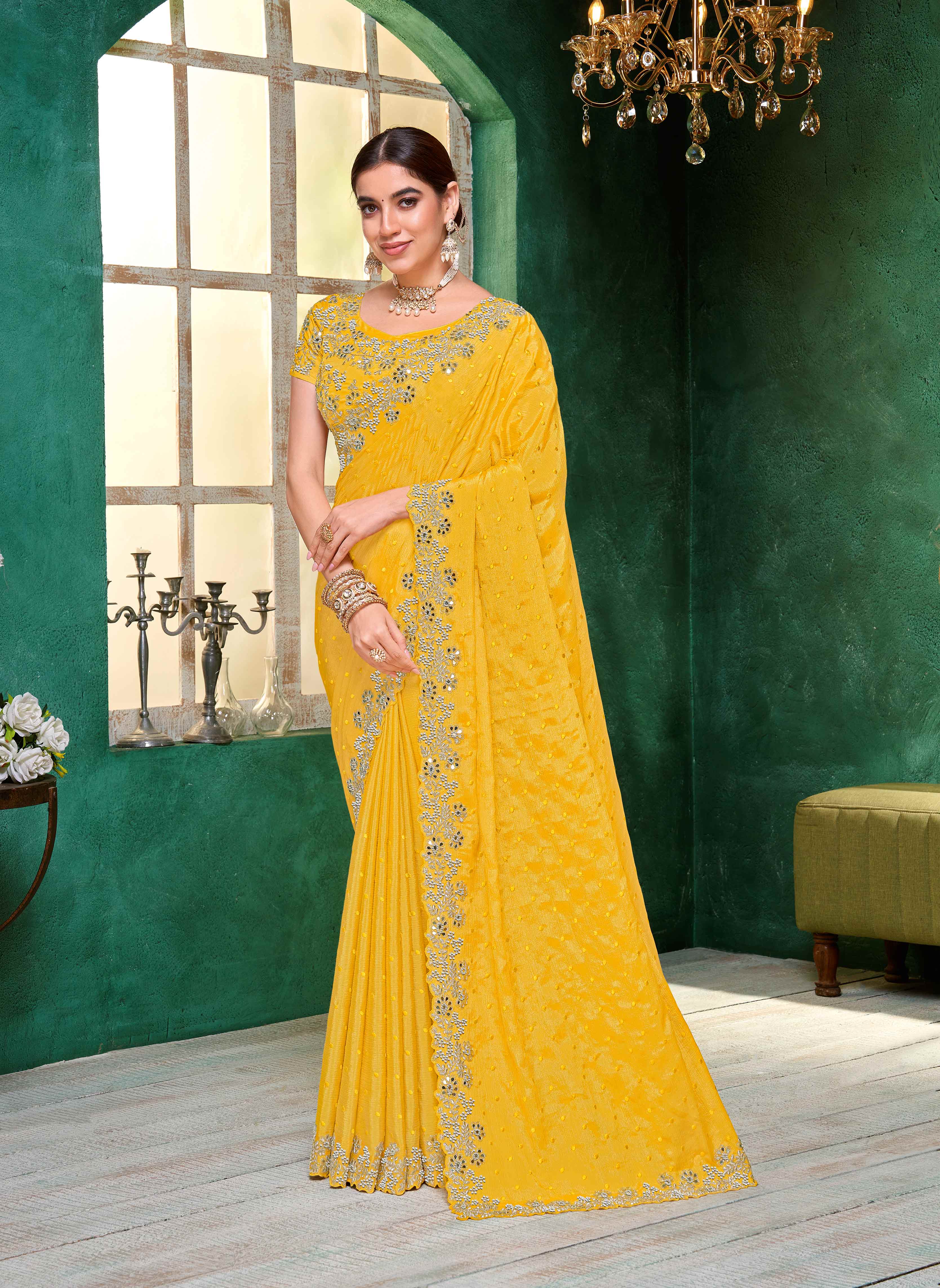 Laxmipati Mangla Gauri Yellow Chiffon Saree with Zari Embroidery