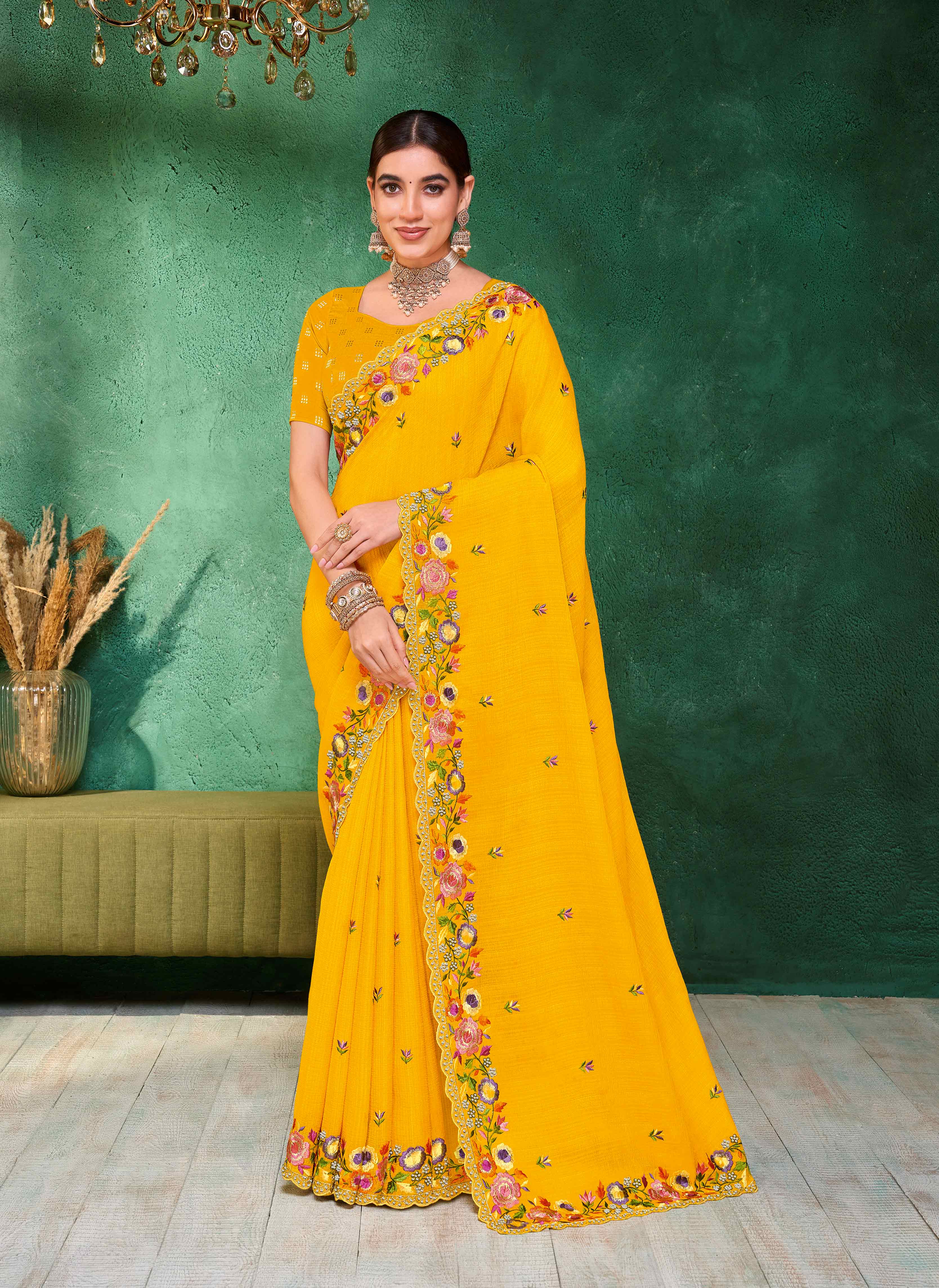 Laxmipati Mangla Gauri Mustard Chiffon Saree with Floral Embroidery