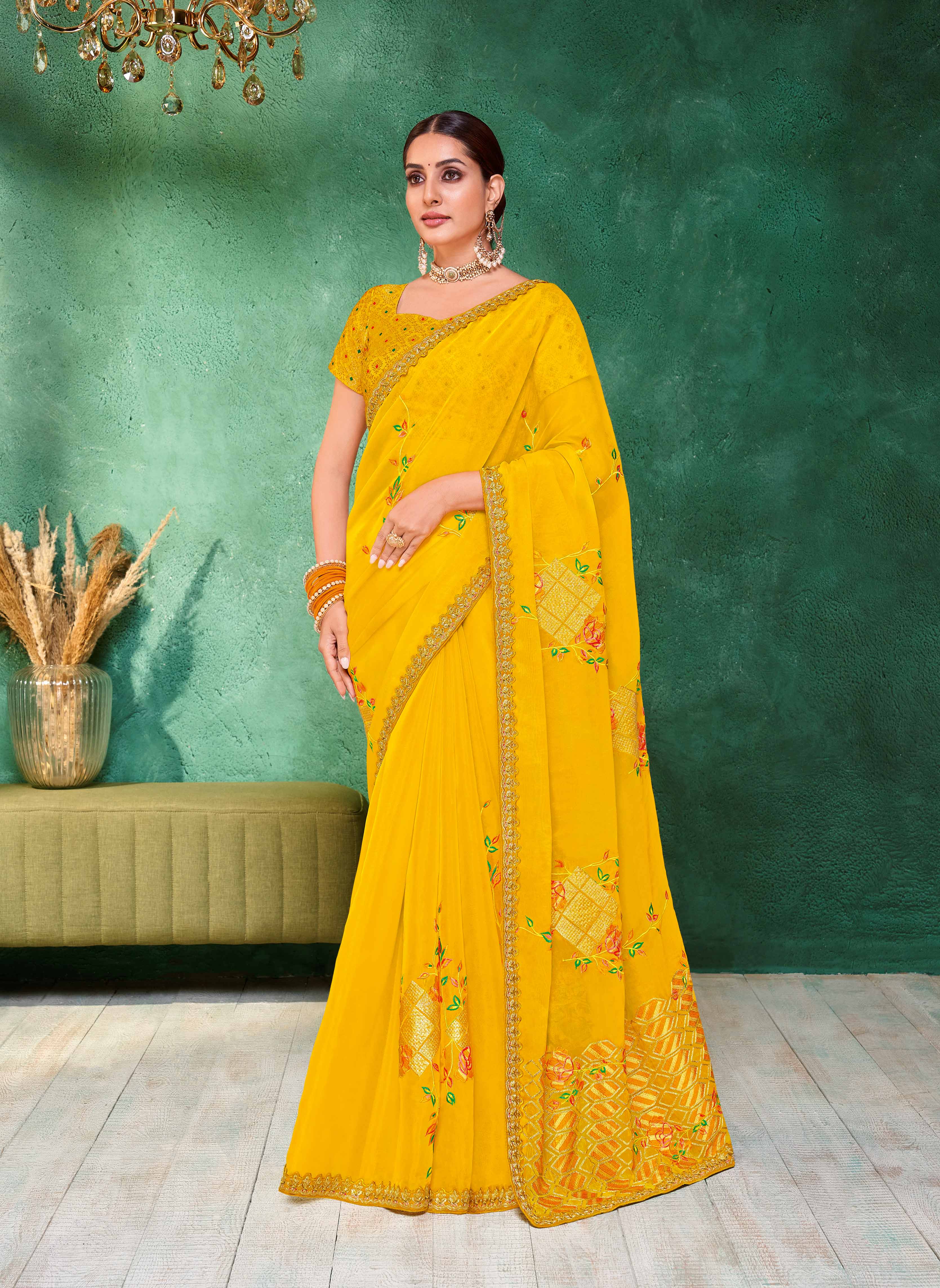 Laxmupati Mangla Gauri Mustard Tissue Organza Saree with Floral Embroidery