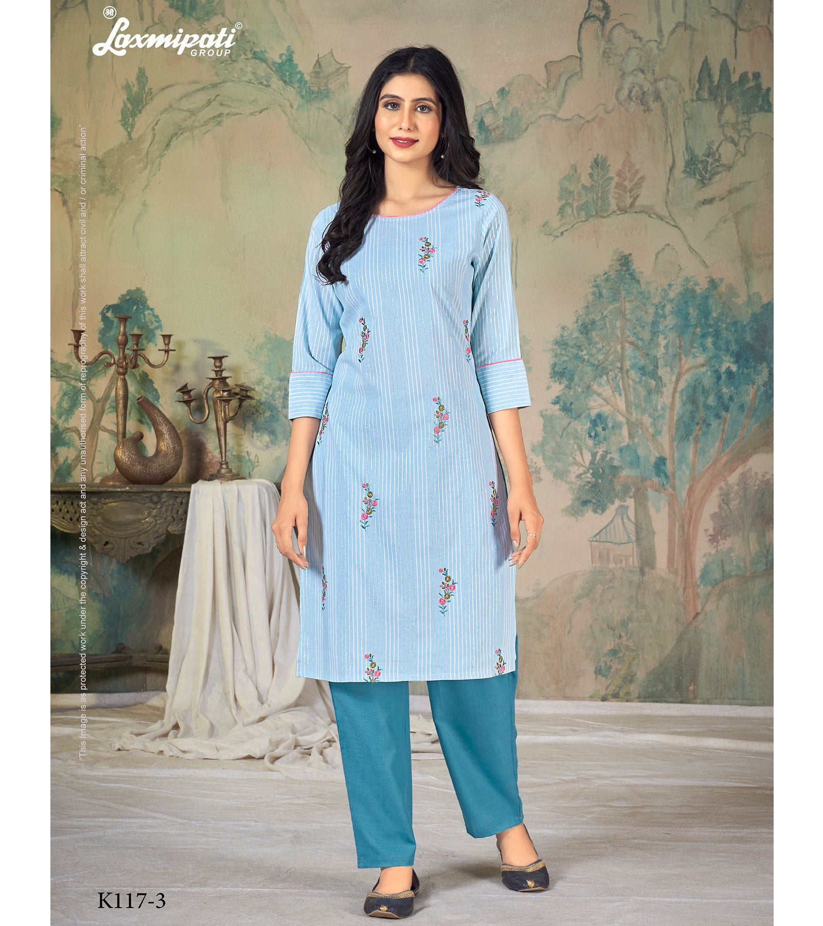 Laxmipati Ganga K117-3 Cotton Base Sky Blue Straight Cut Kurti