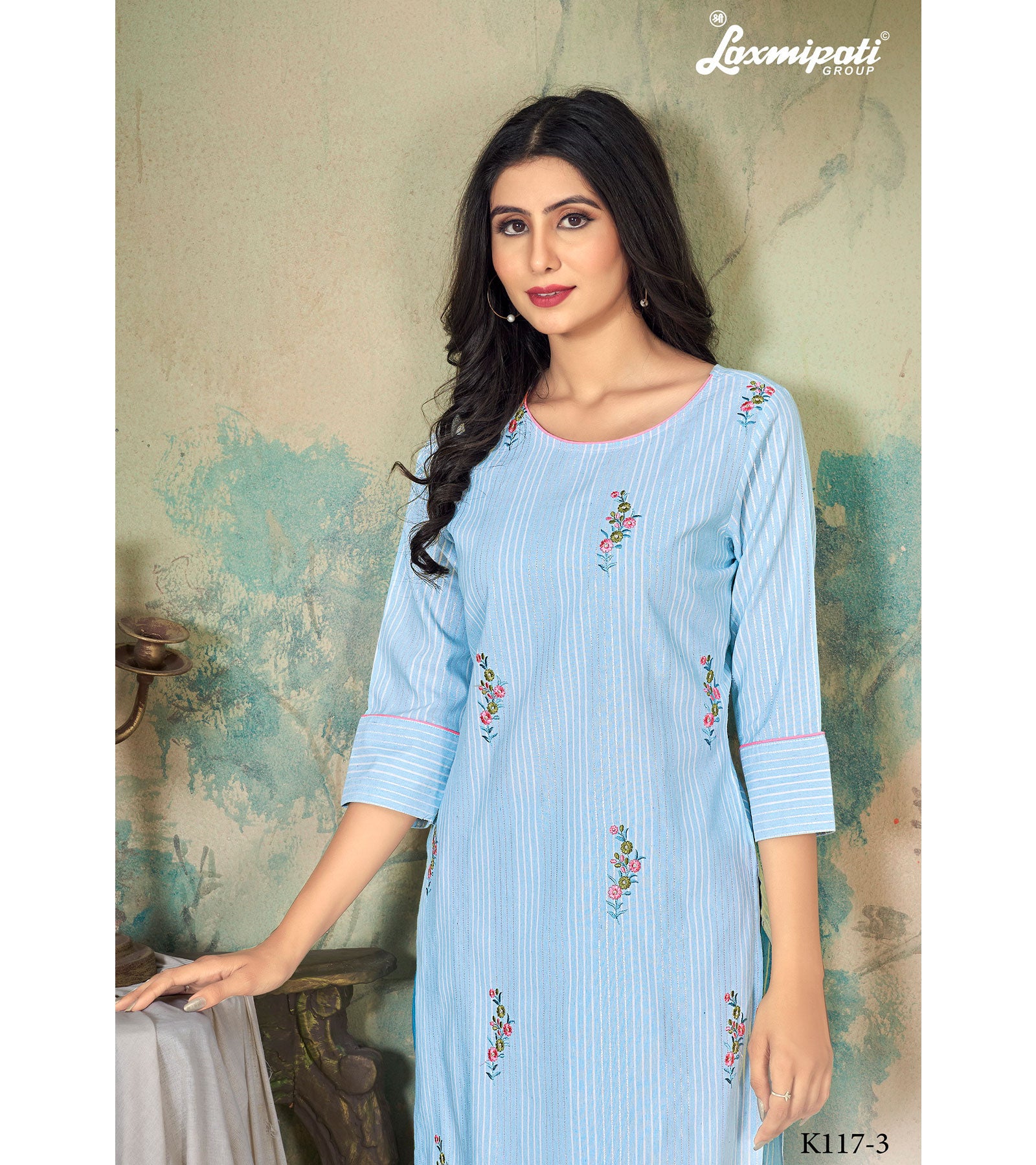 Laxmipati Ganga K117-3 Cotton Base Sky Blue Straight Cut Kurti