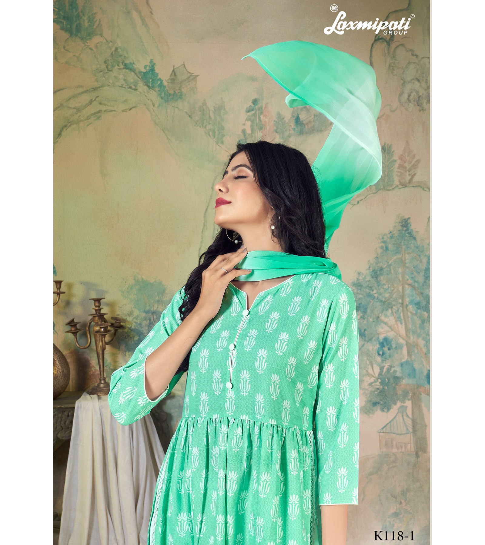 Laxmipati Spun Base Fabric Mint Green Nayra Cut Kurta With Pant & Dupatta