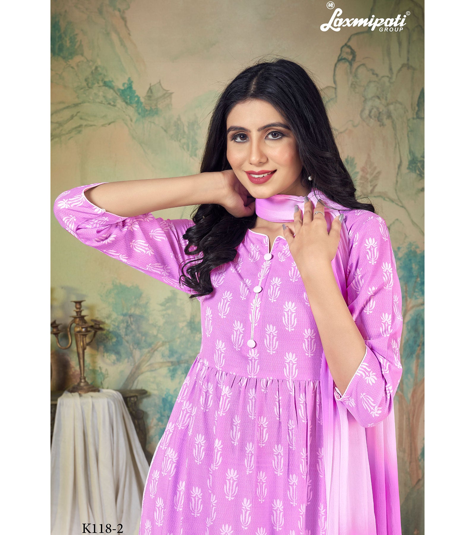 Laxmipati Spun Base Fabric Lavender Nayra Cut Kurta With Pant & Dupatta