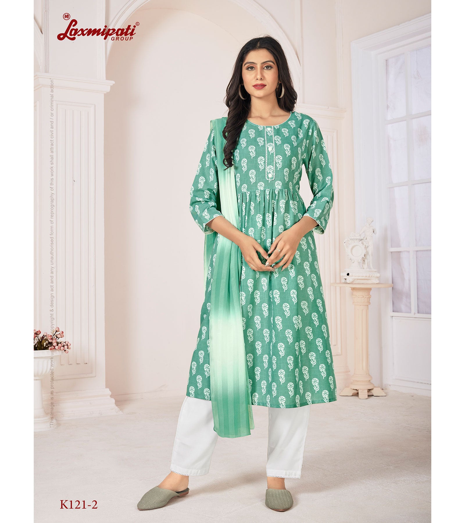 Laxmipati Spun Base Fabric Medium Sea Green Nayra Cut Kurta With Pant & Dupatta