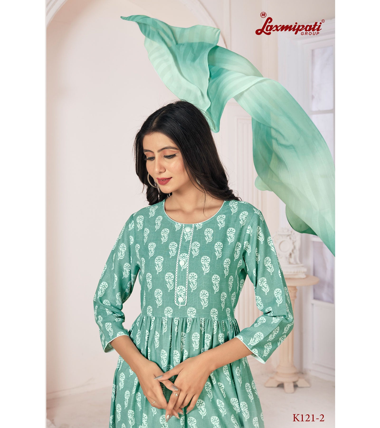 Laxmipati Spun Base Fabric Medium Sea Green Nayra Cut Kurta With Pant & Dupatta
