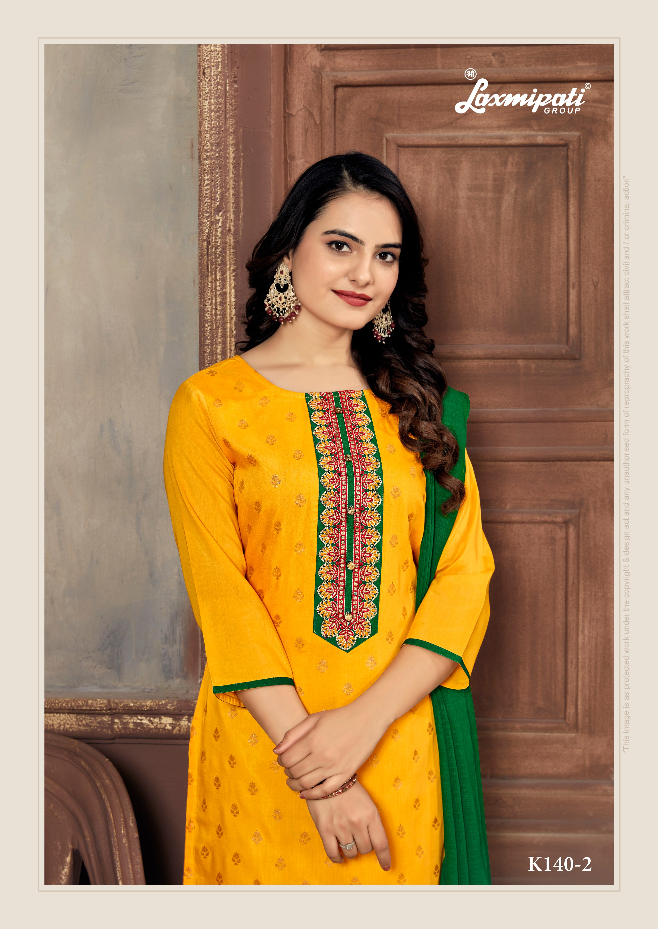 Laxmipati Muslin Bright Yellow Hand Printed Straight Cut Kurti Pant With Dupatta