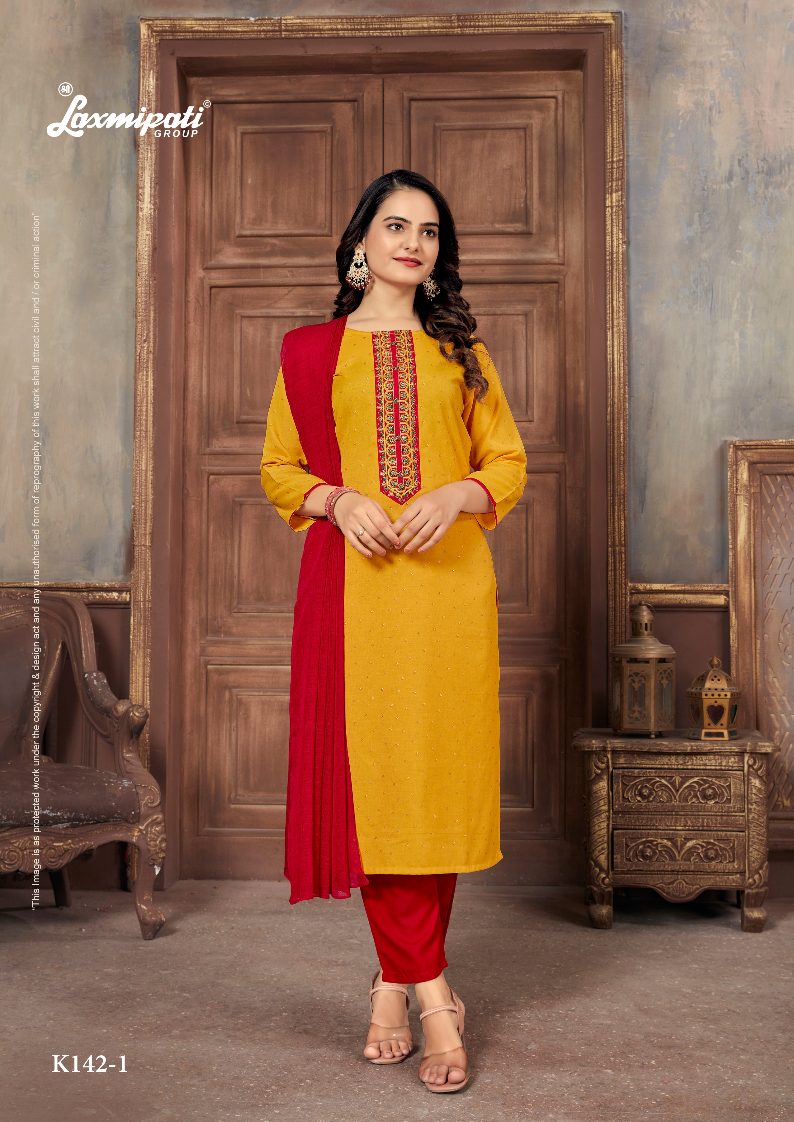 Laxmipati Muslin Marigold Hand Printed Straight Cut Kurti Pant With Dupatta