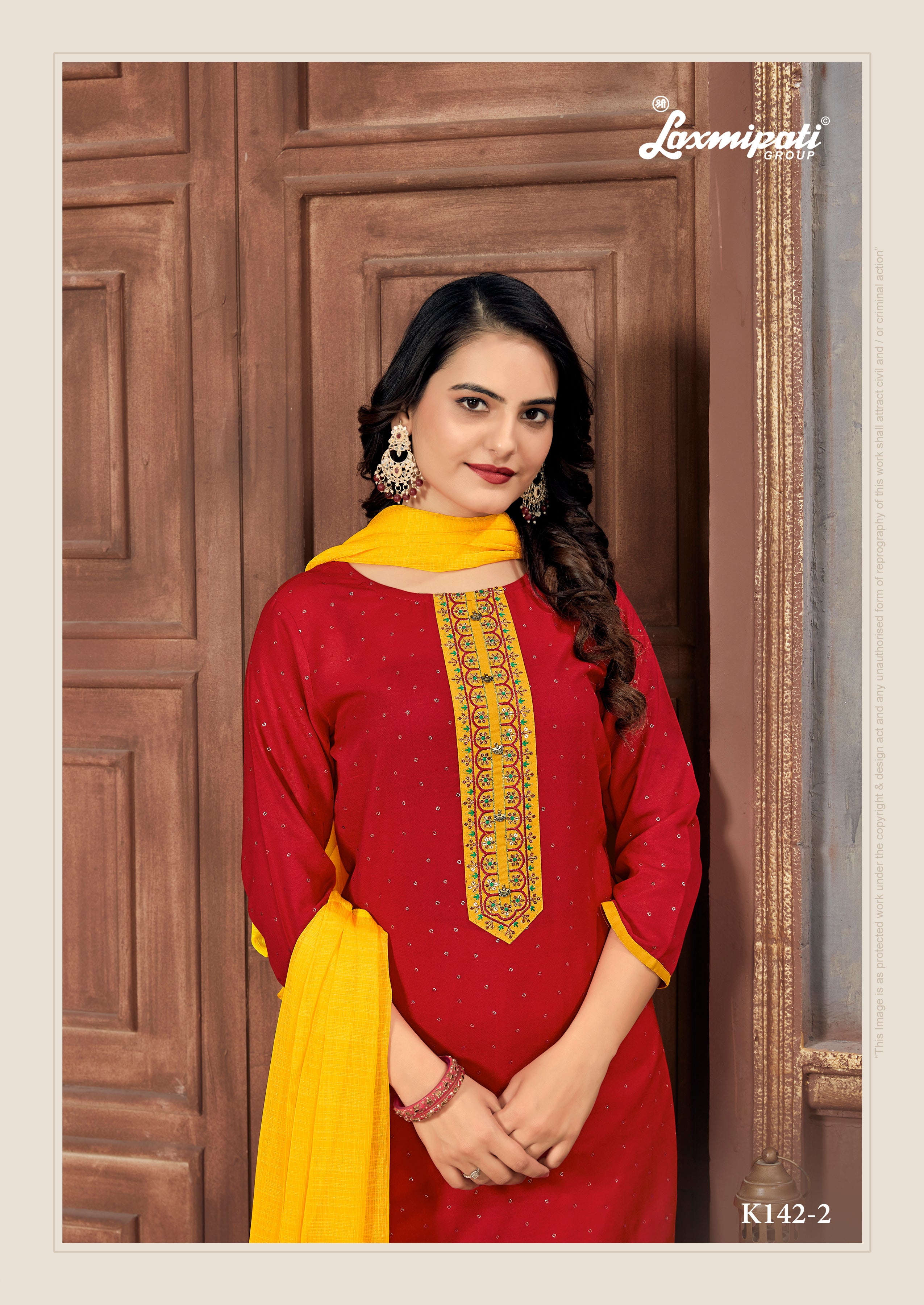 Laxmipati Muslin Red Hand Printed Straight Cut Kurti Pant With Dupatta