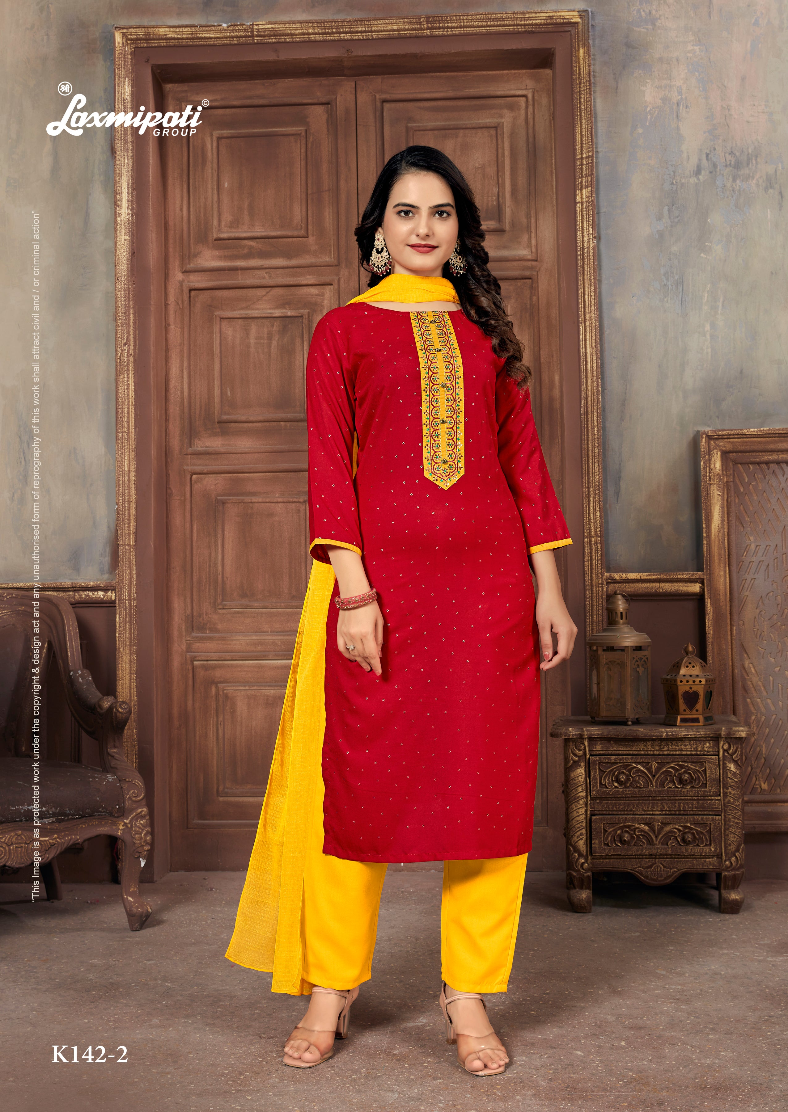 Laxmipati Muslin Red Hand Printed Straight Cut Kurti Pant With Dupatta