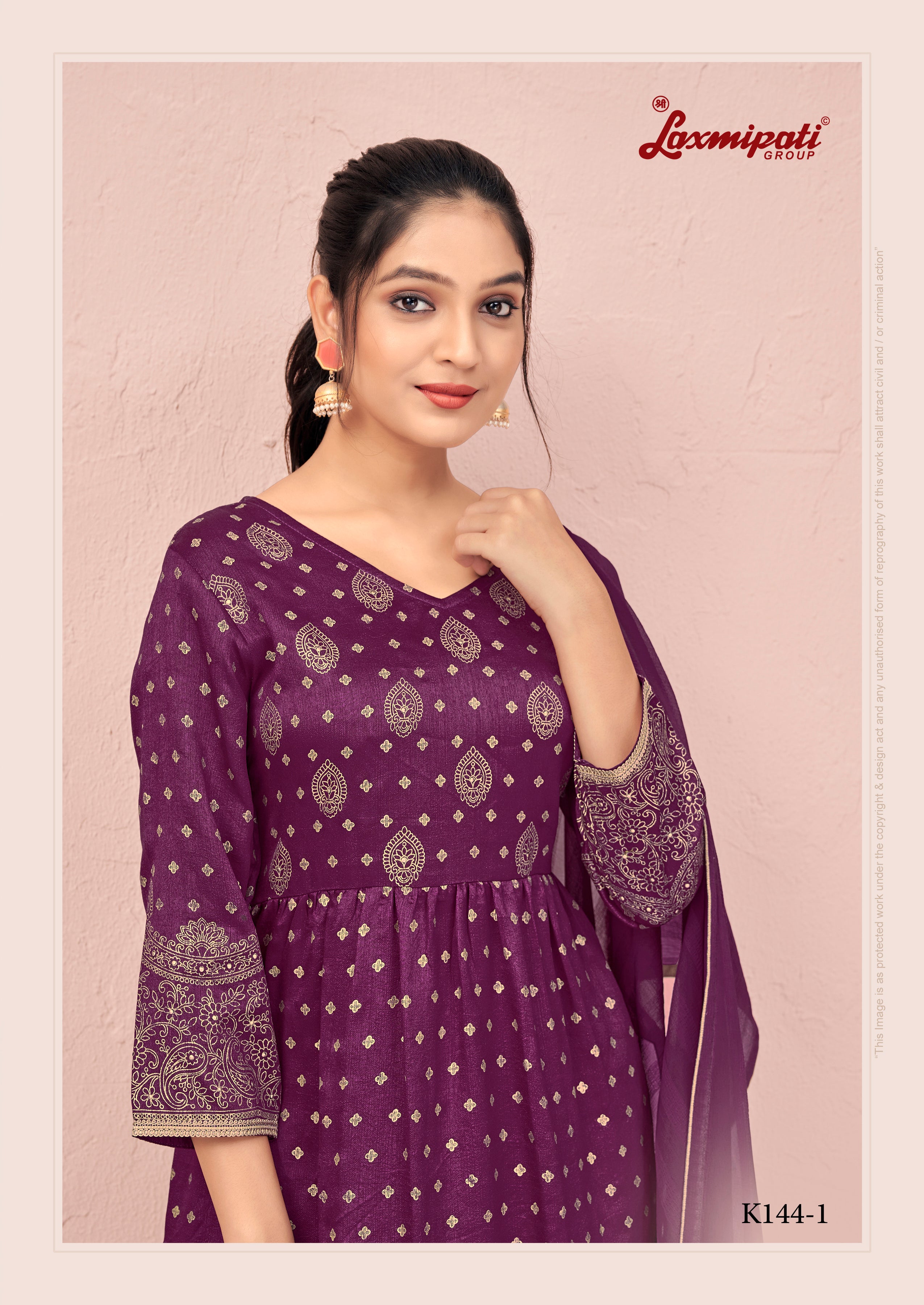 Laxmipati Viscose Dark Fuchsia Hand Printed Nyra Cut Kurti, Pant & Dupatta