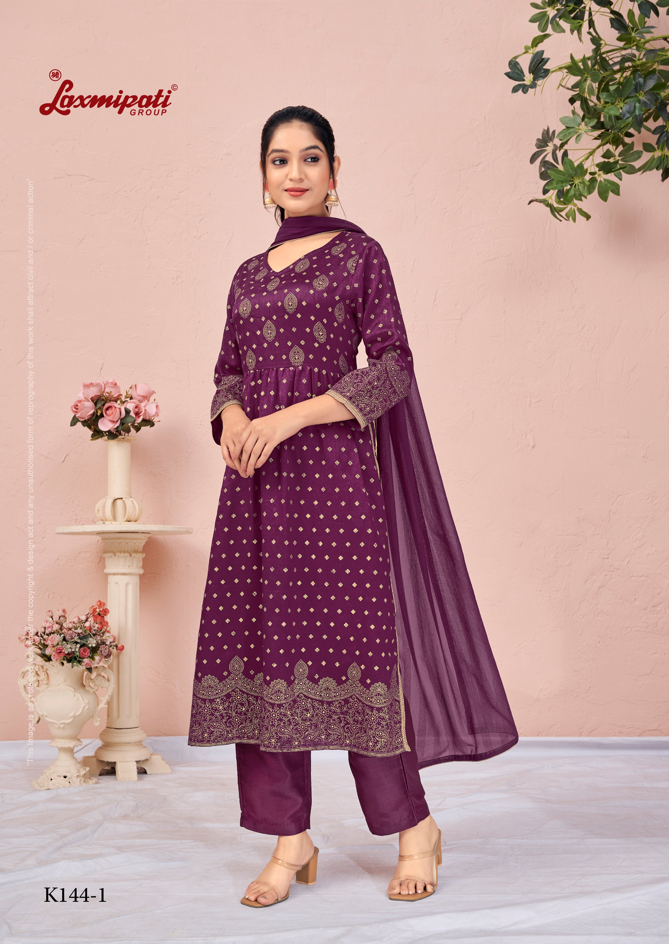 Laxmipati Viscose Dark Fuchsia Hand Printed Nyra Cut Kurti, Pant & Dupatta