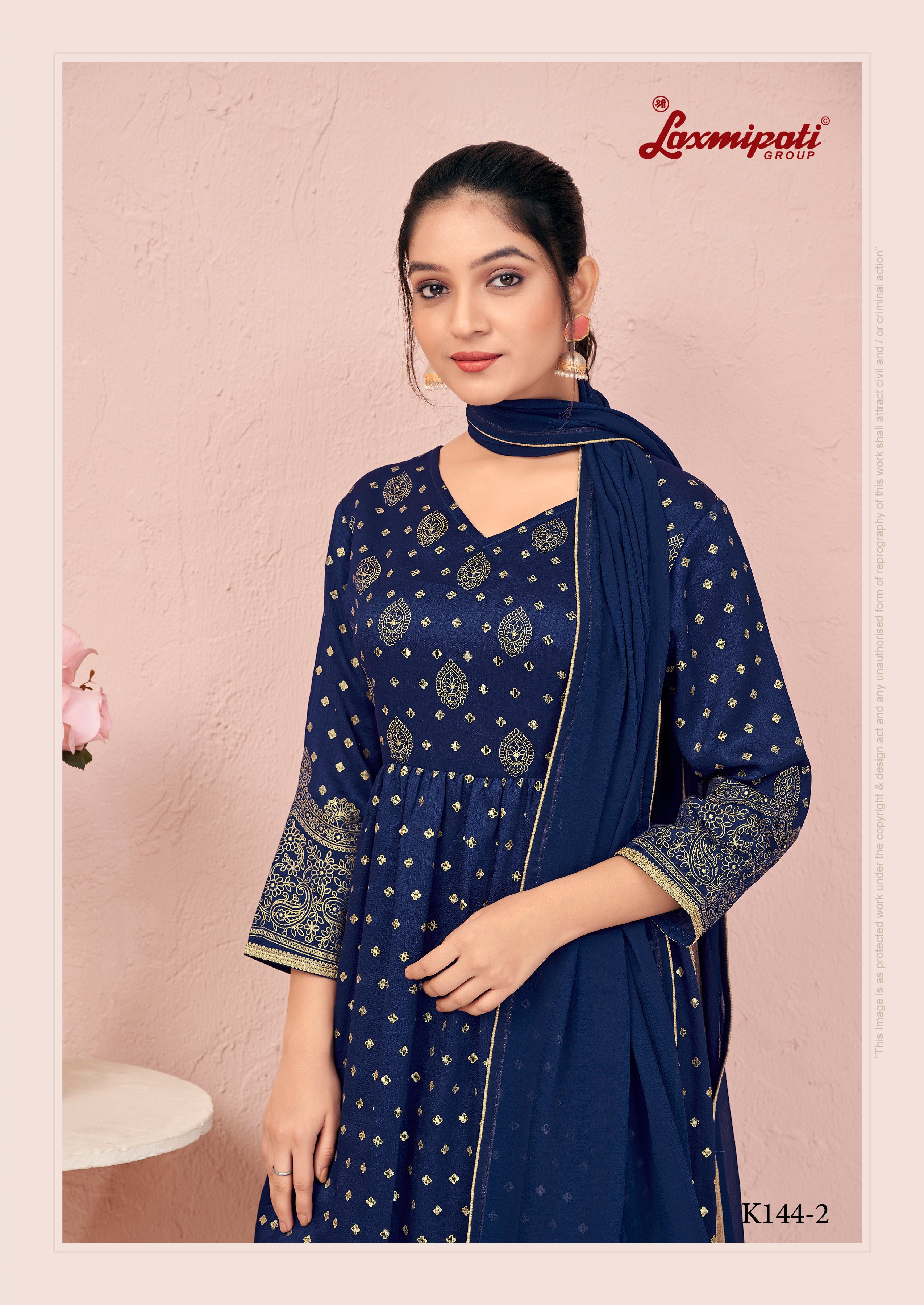 Laxmipati Viscose Indigo Hand Printed Nyra Cut Kurti, Pant & Dupatta