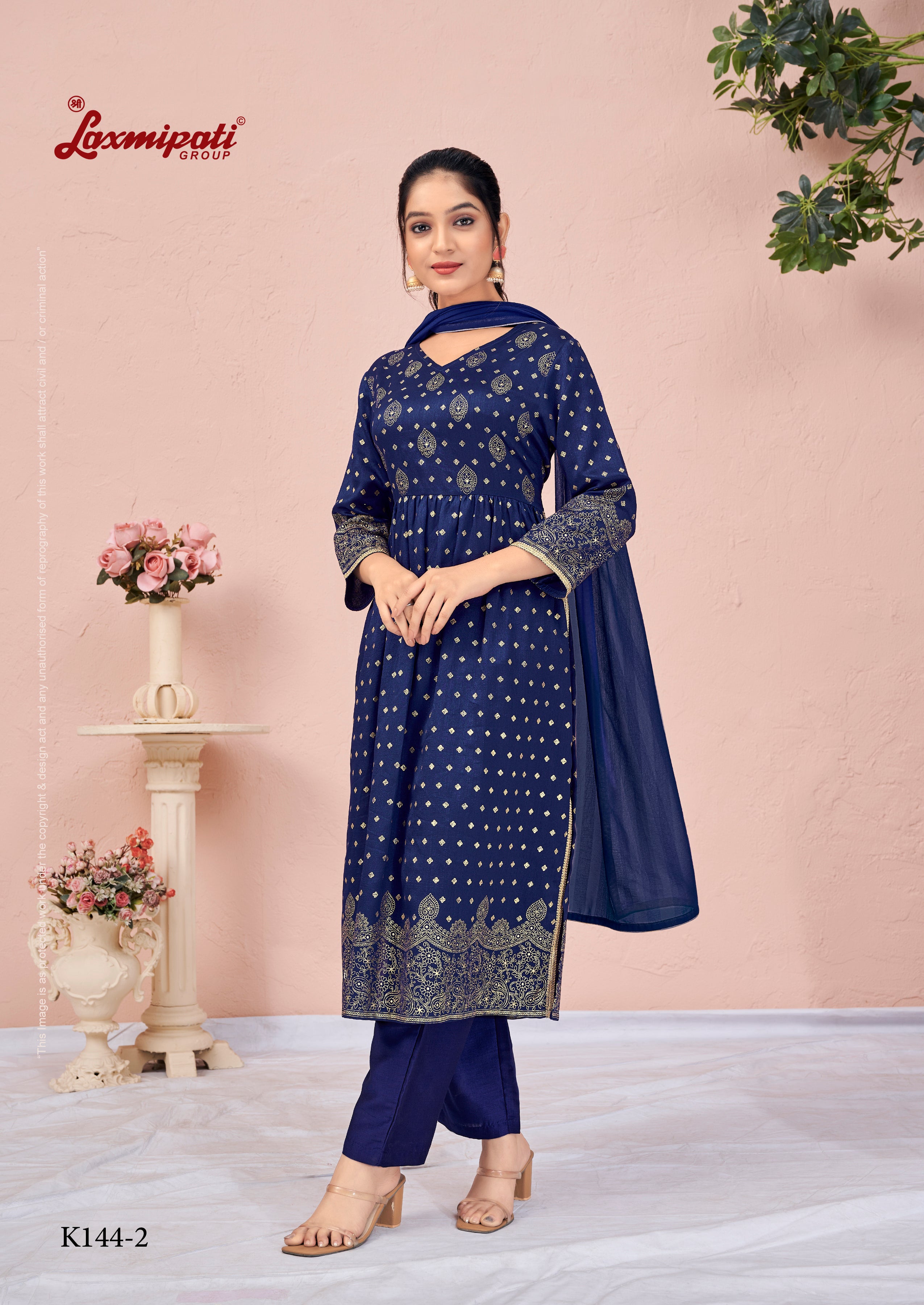 Laxmipati Viscose Indigo Hand Printed Nyra Cut Kurti, Pant & Dupatta