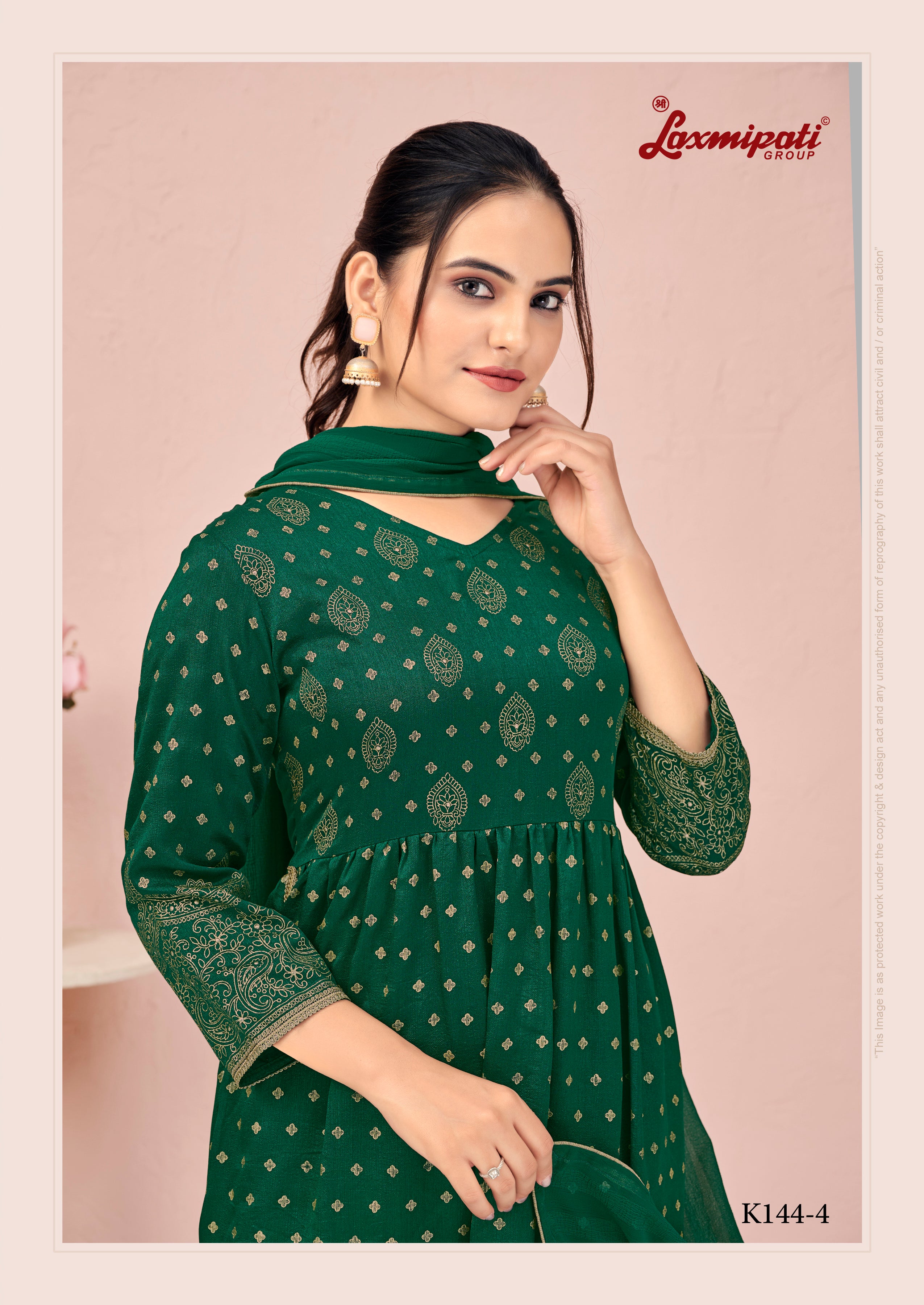 Laxmipati Viscose Jade Green Hand Printed Nyra Cut Kurti, Pant & Dupatta