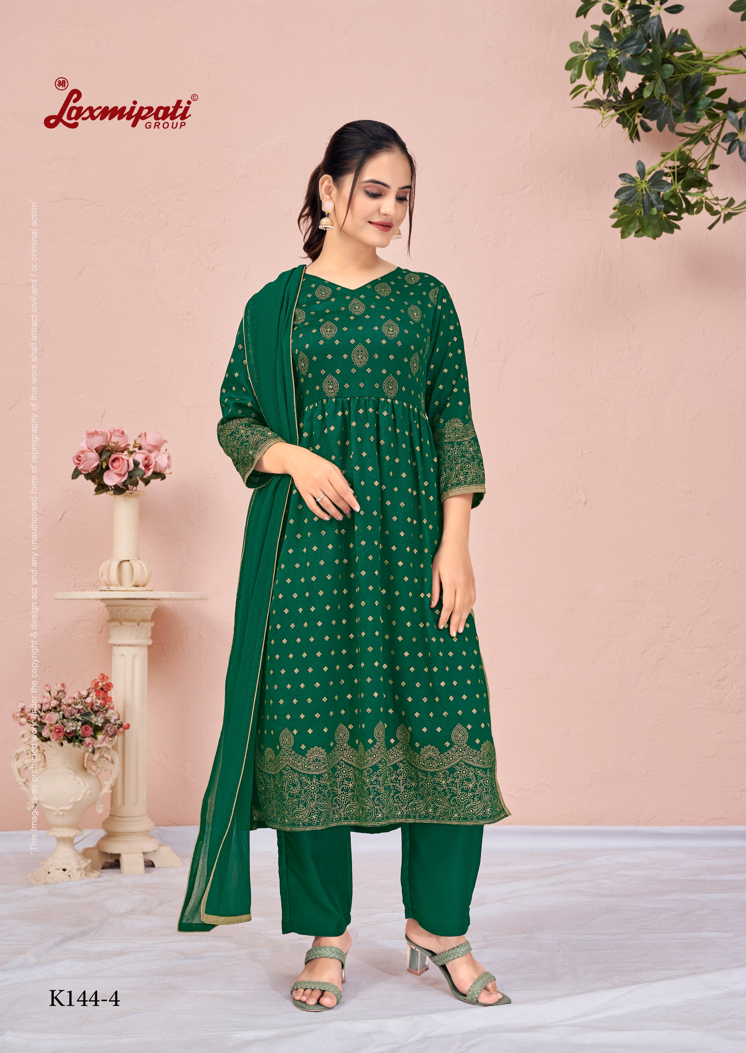Laxmipati Viscose Jade Green Hand Printed Nyra Cut Kurti, Pant & Dupatta