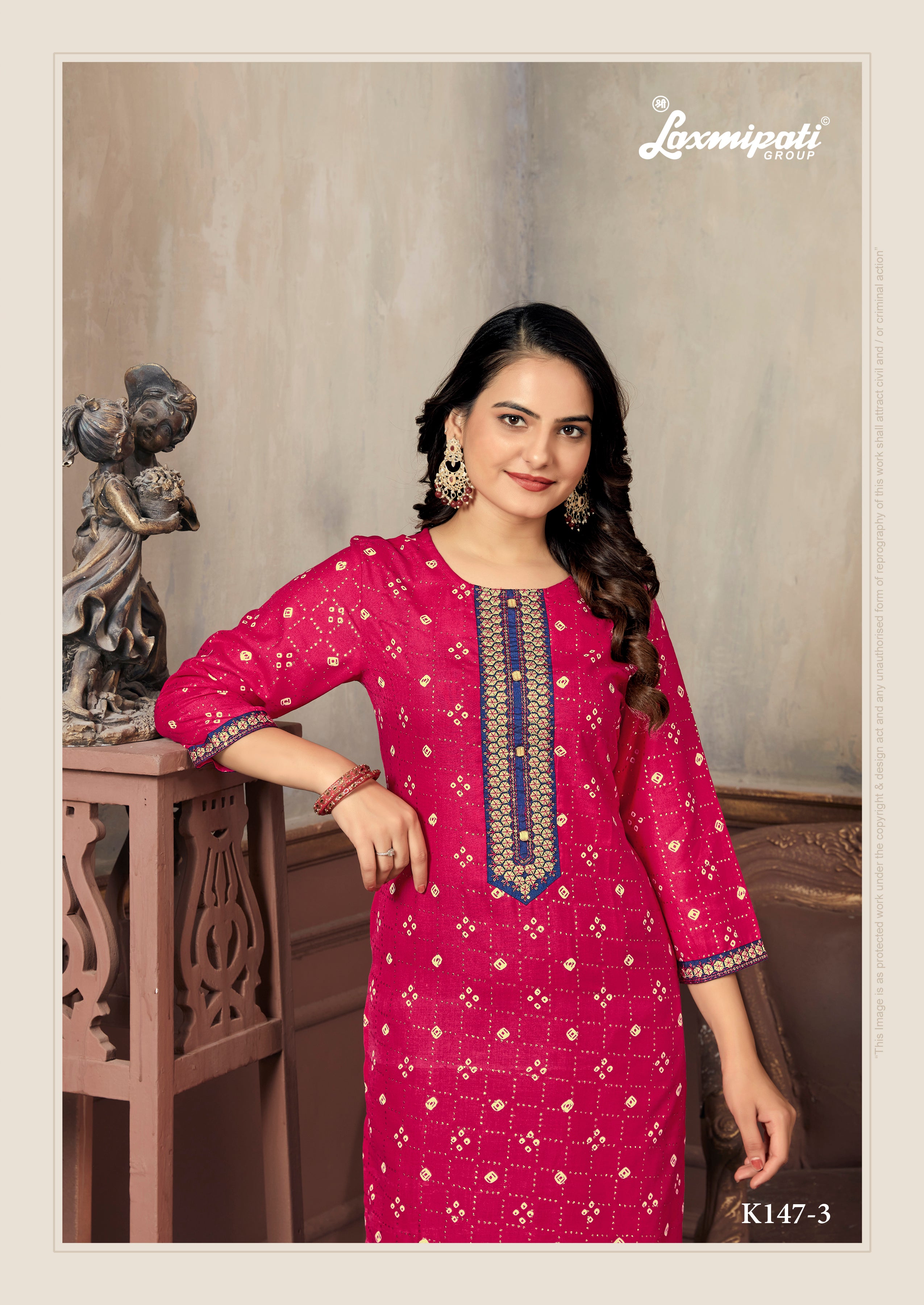 Laxmipati Spun Base Deep Pink Embroidered Straight Cut Kurti With Pant