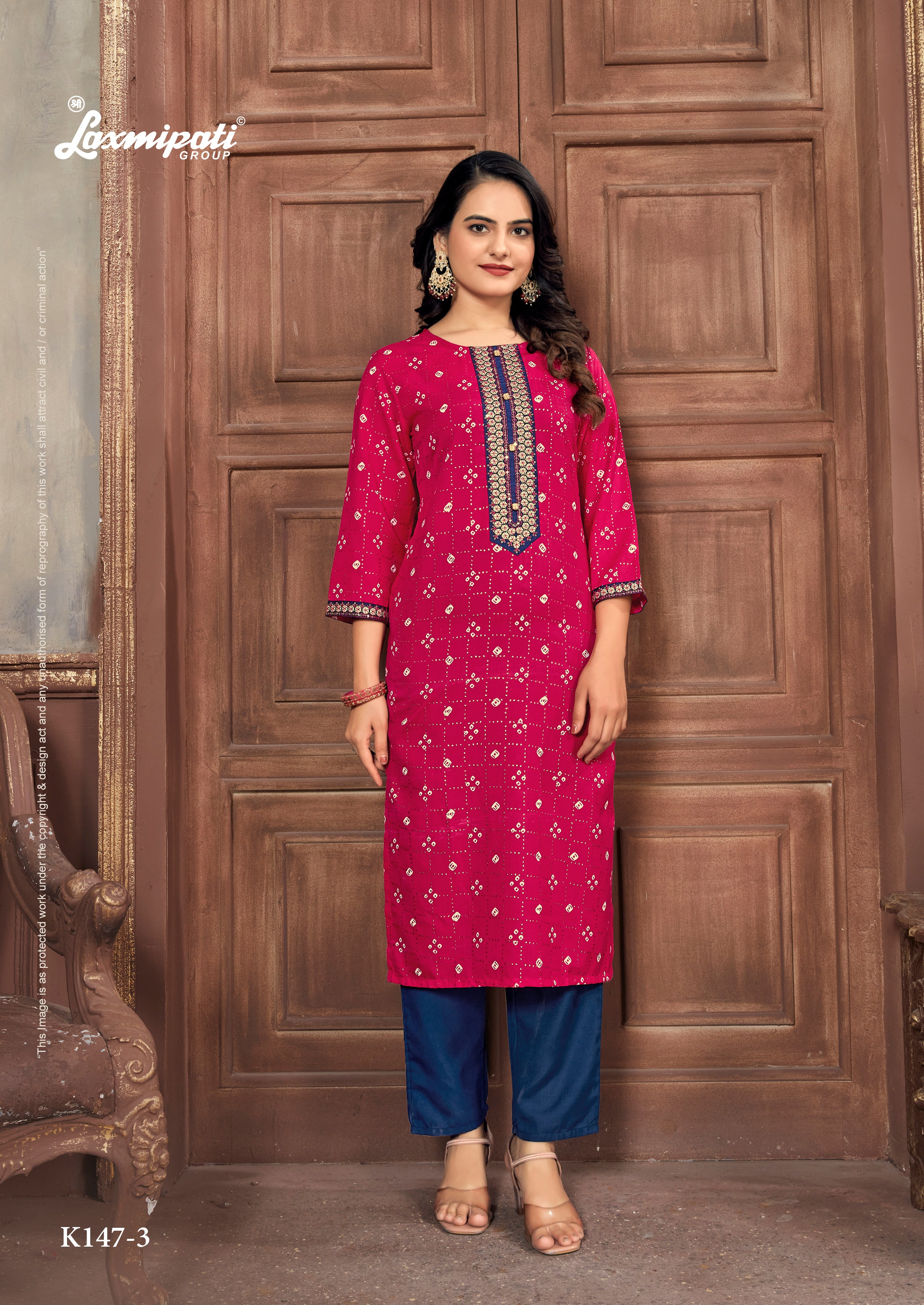 Laxmipati Spun Base Deep Pink Embroidered Straight Cut Kurti With Pant