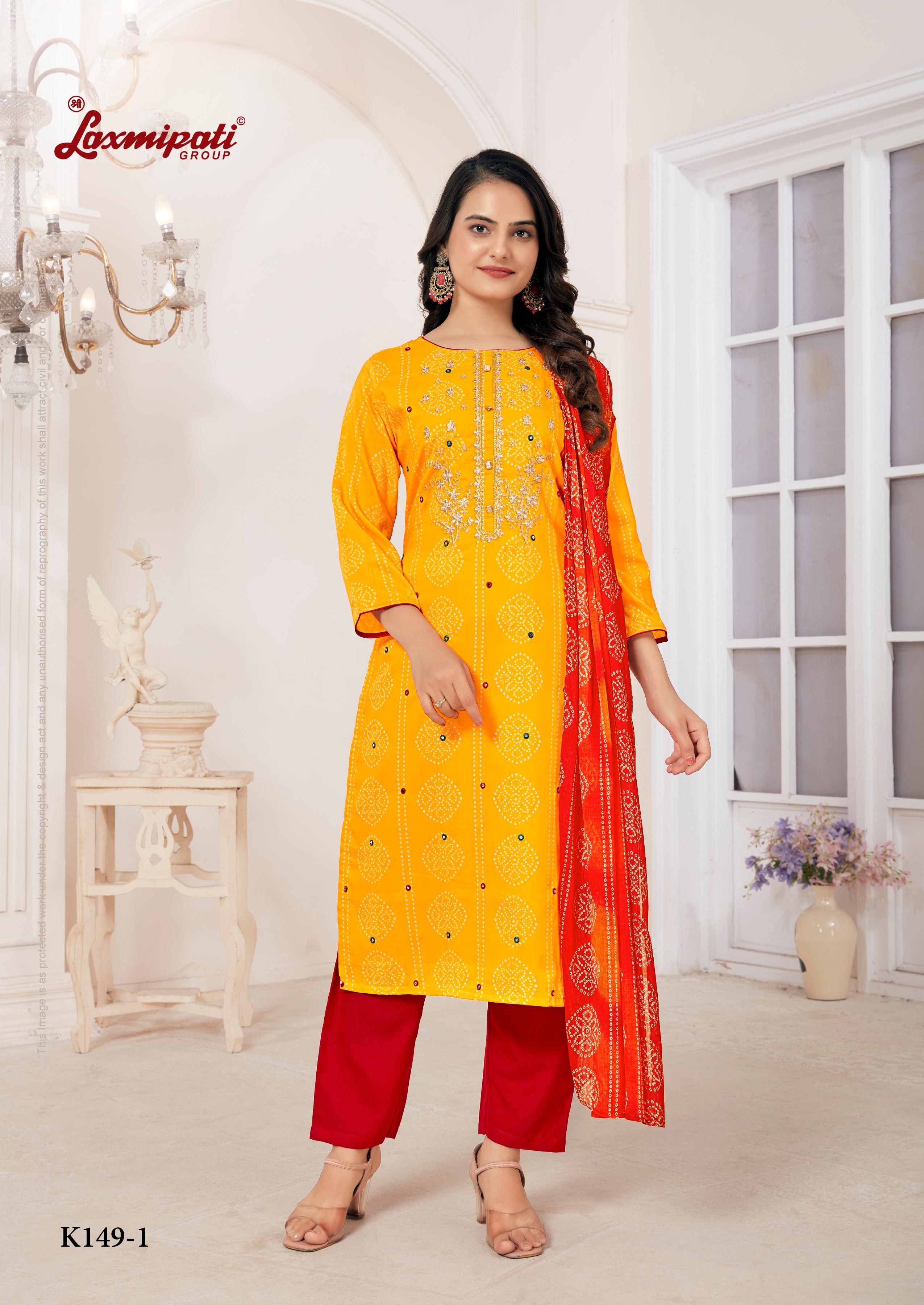 Laxmipati Muslin Yellow Printed With Embroidery Kurti, Pant & Dupatta