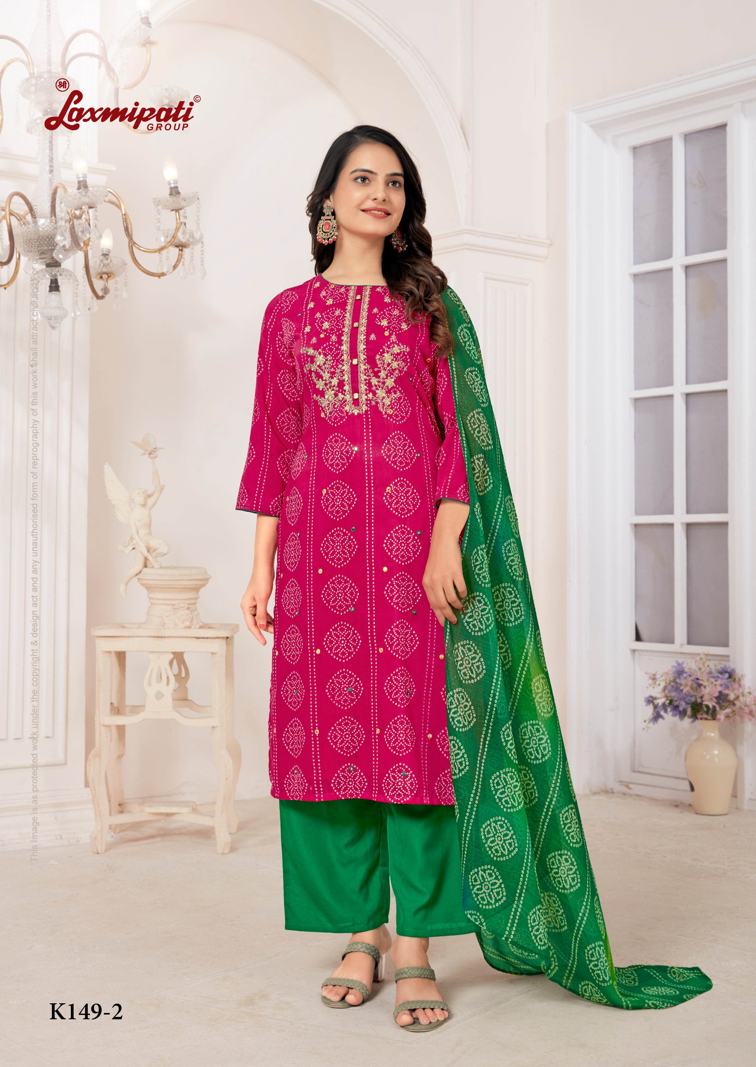 Laxmipati Muslin Deep Pink Printed With Embroidery Kurti, Pant & Dupatta