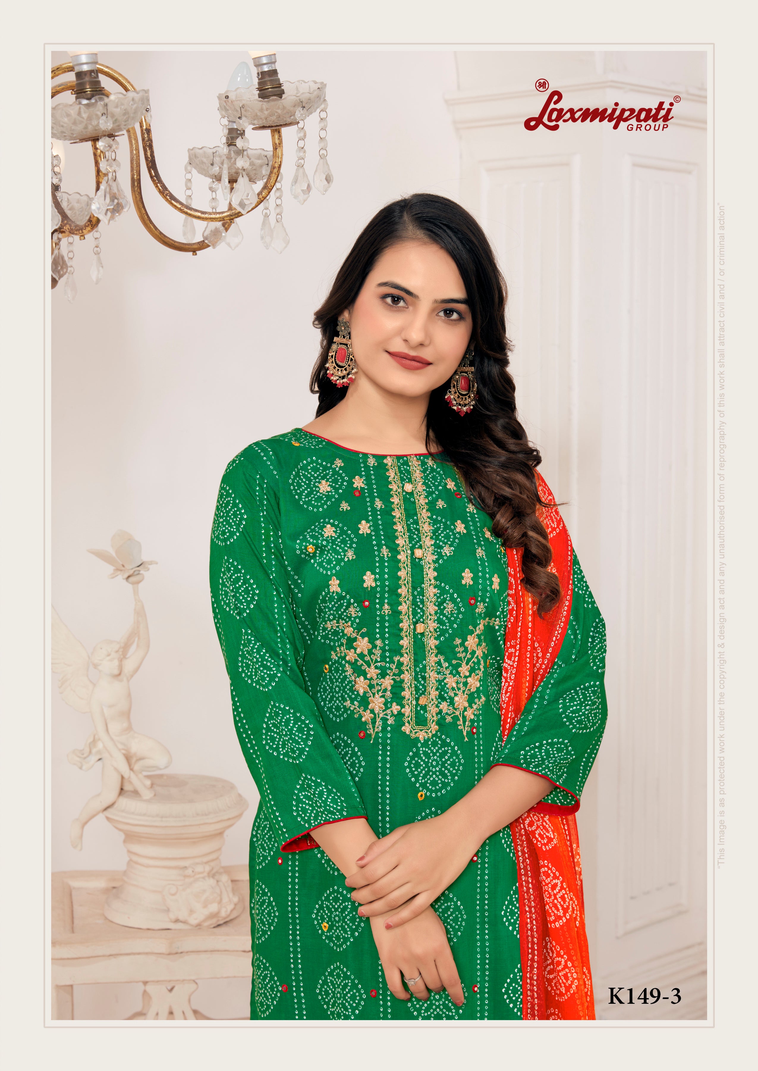 Laxmipati Muslin Green Printed With Embroidery Kurti, Pant & Dupatta