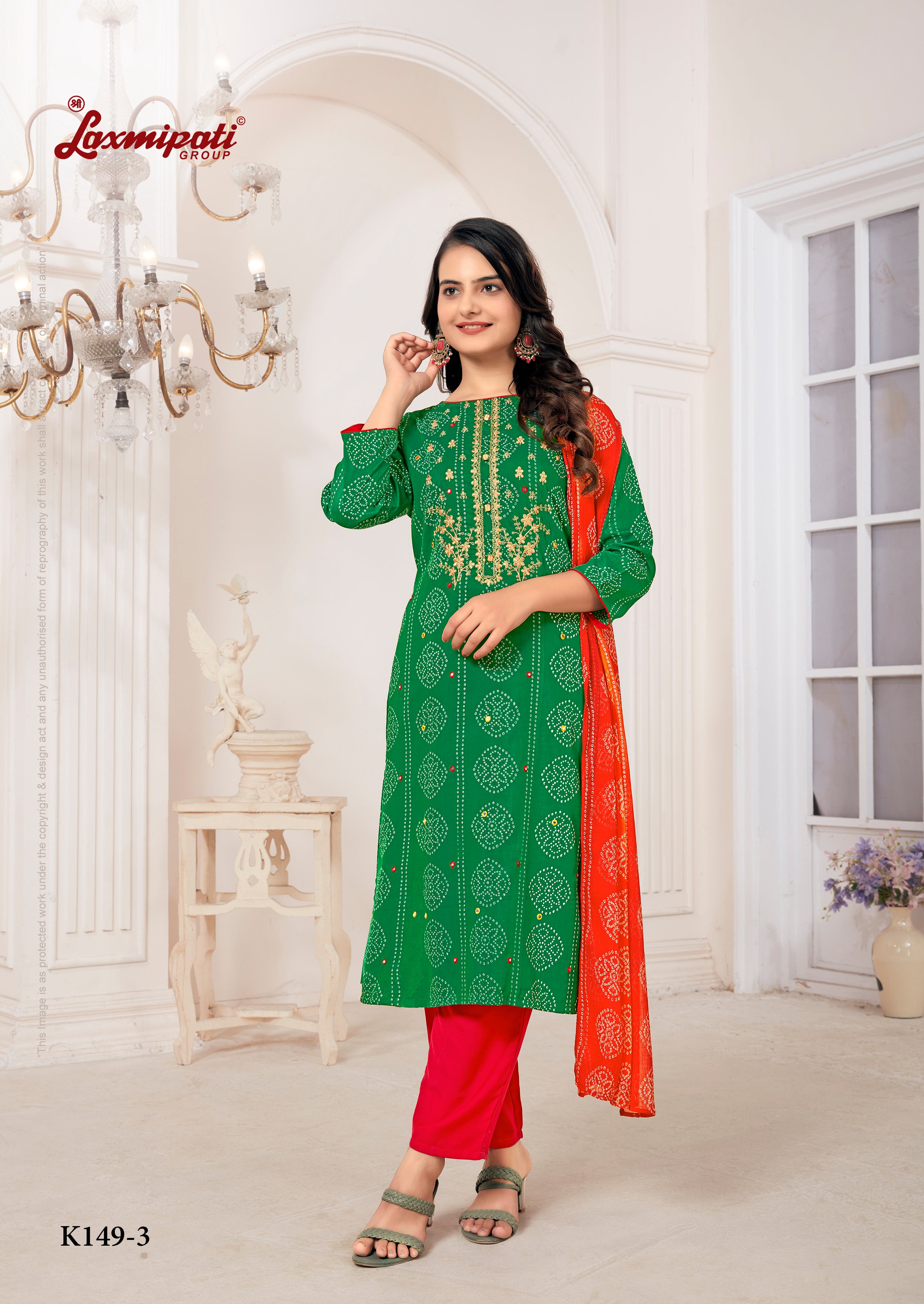 Laxmipati Muslin Green Printed With Embroidery Kurti, Pant & Dupatta