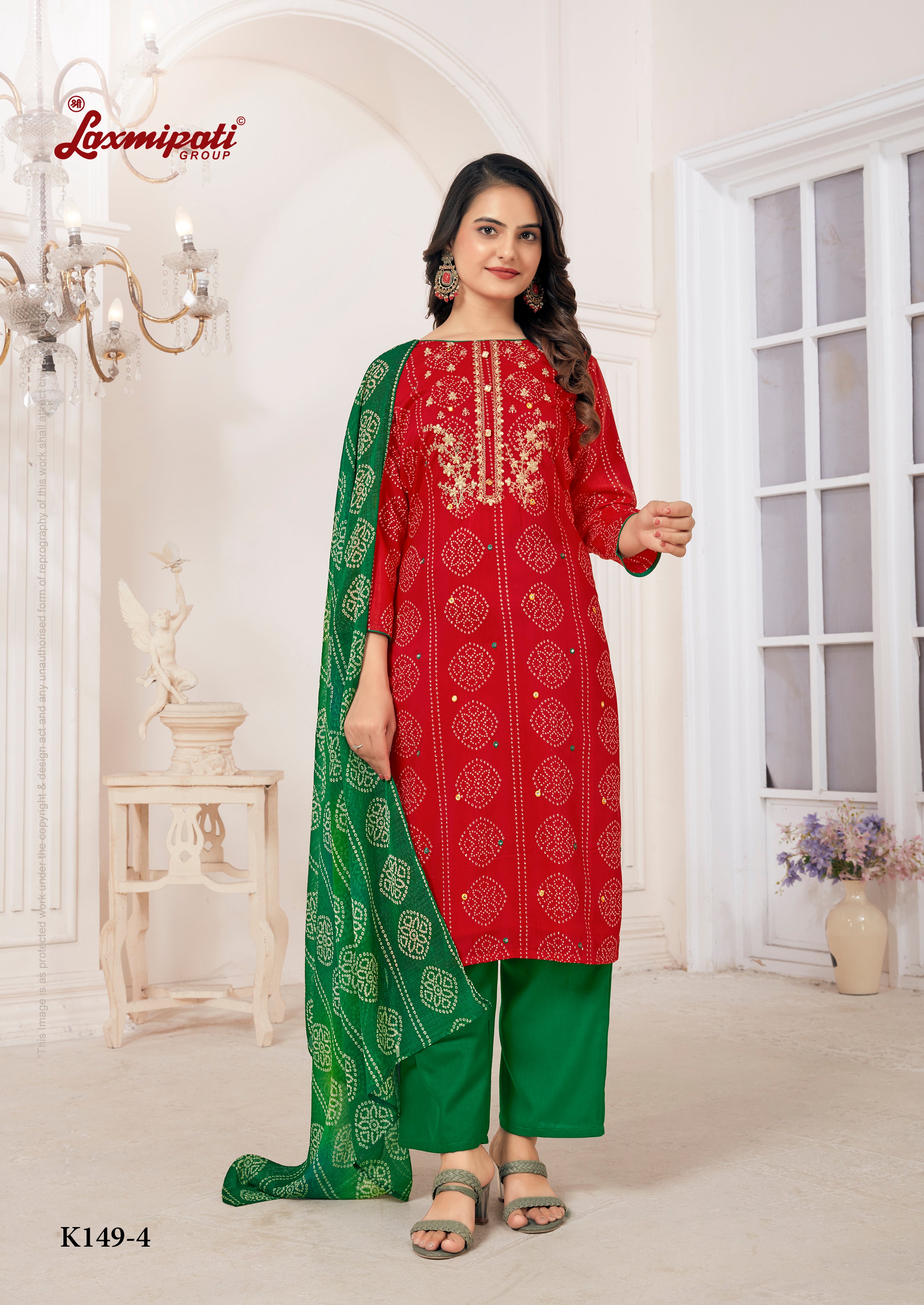 Laxmipati Muslin Red Printed With Embroidery Kurti, Pant & Dupatta