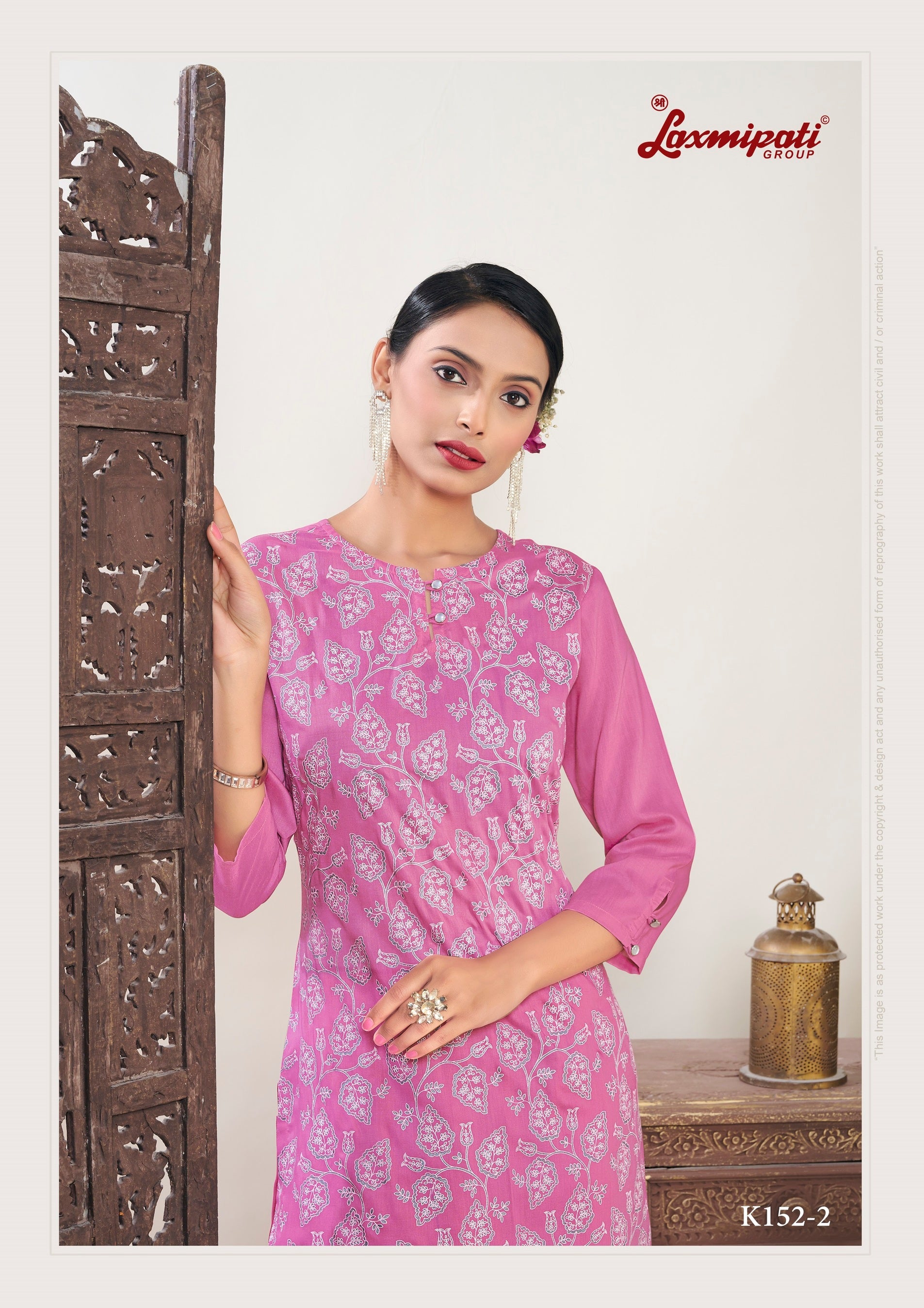Laxmipati Muslin Neon Pink Hand Printed Straight Cut Kurti With Pant