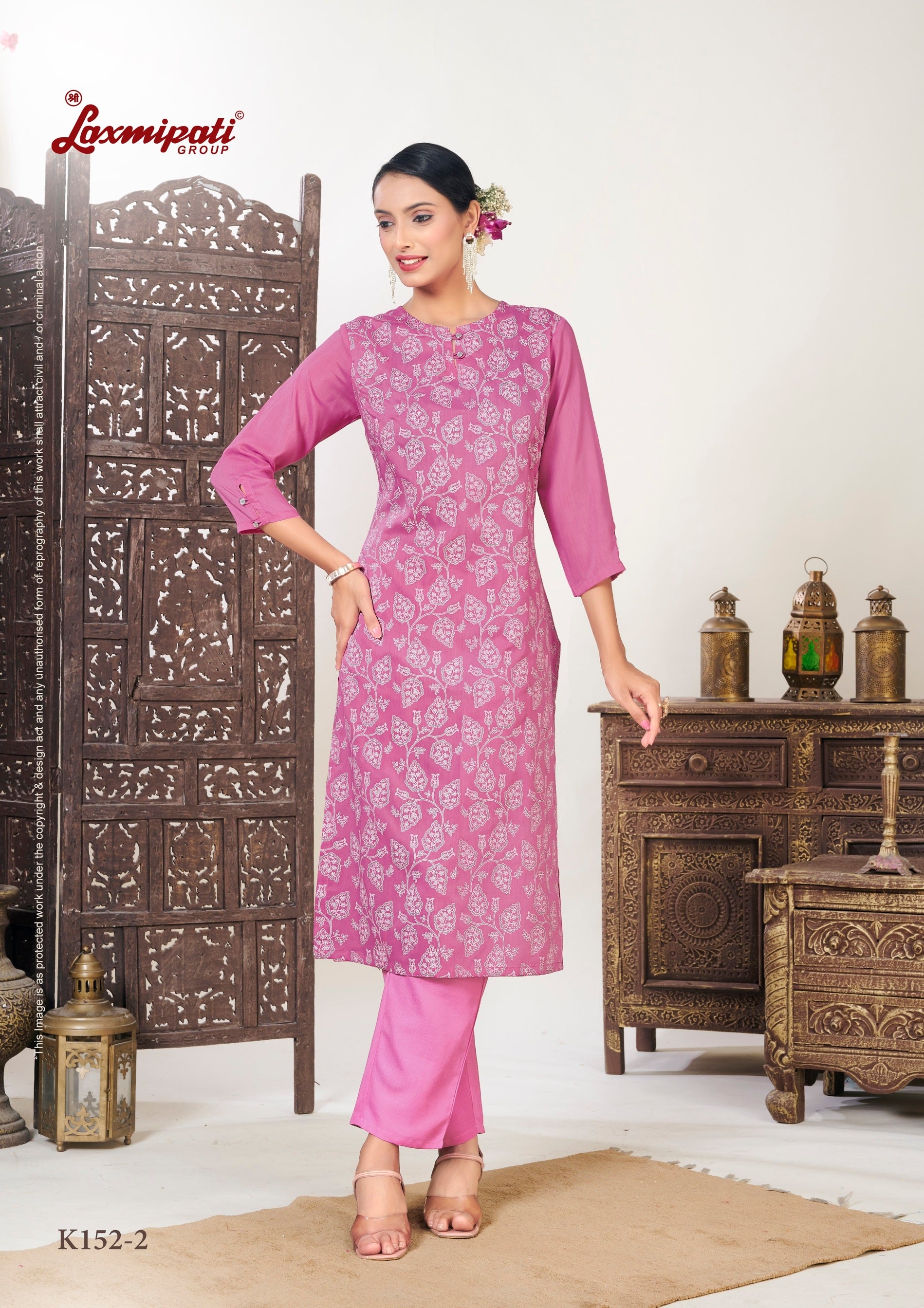 Laxmipati Muslin Neon Pink Hand Printed Straight Cut Kurti With Pant