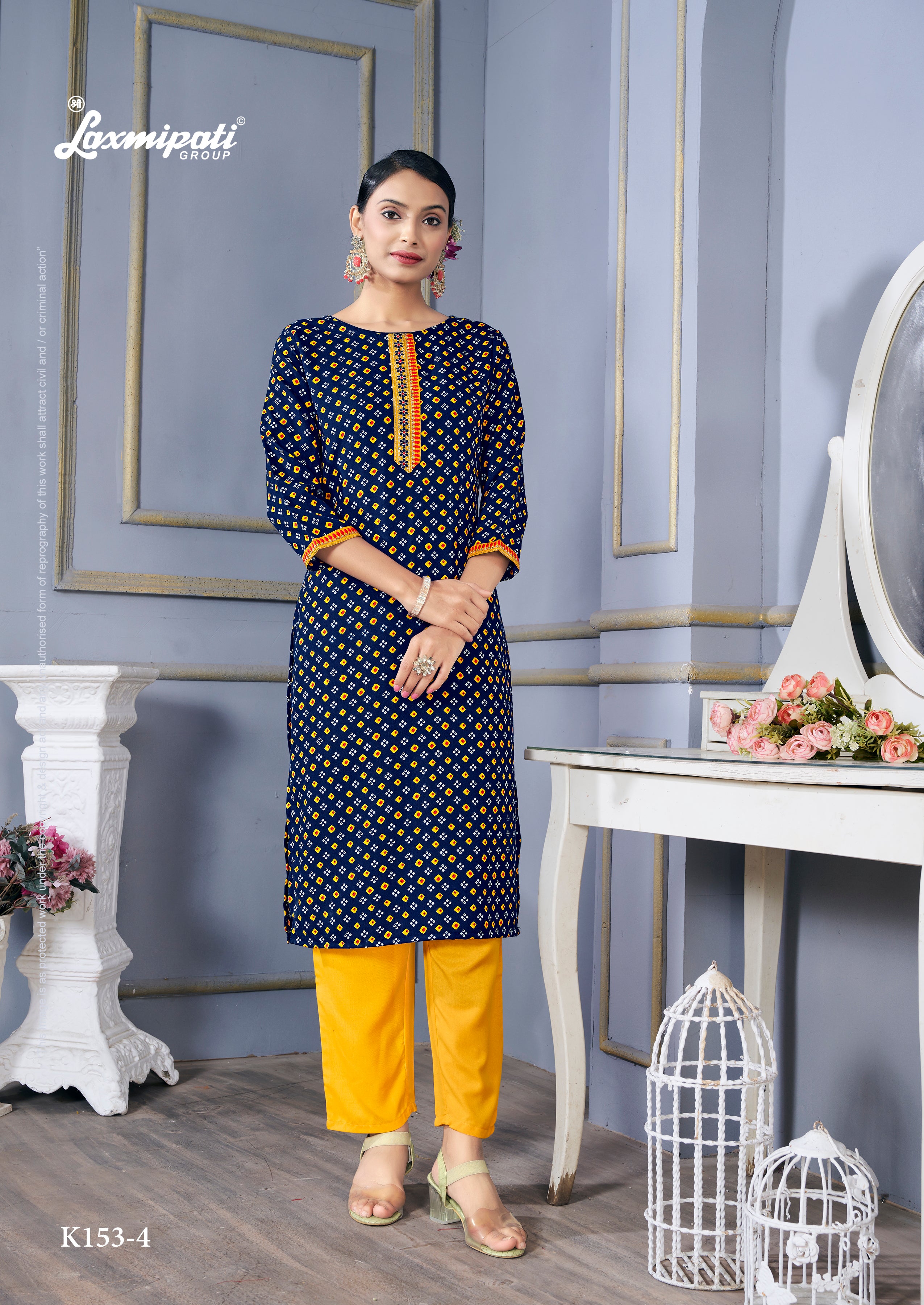 Laxmipati Spun Base Navy Blue Straight Cut Embroidered Kurti