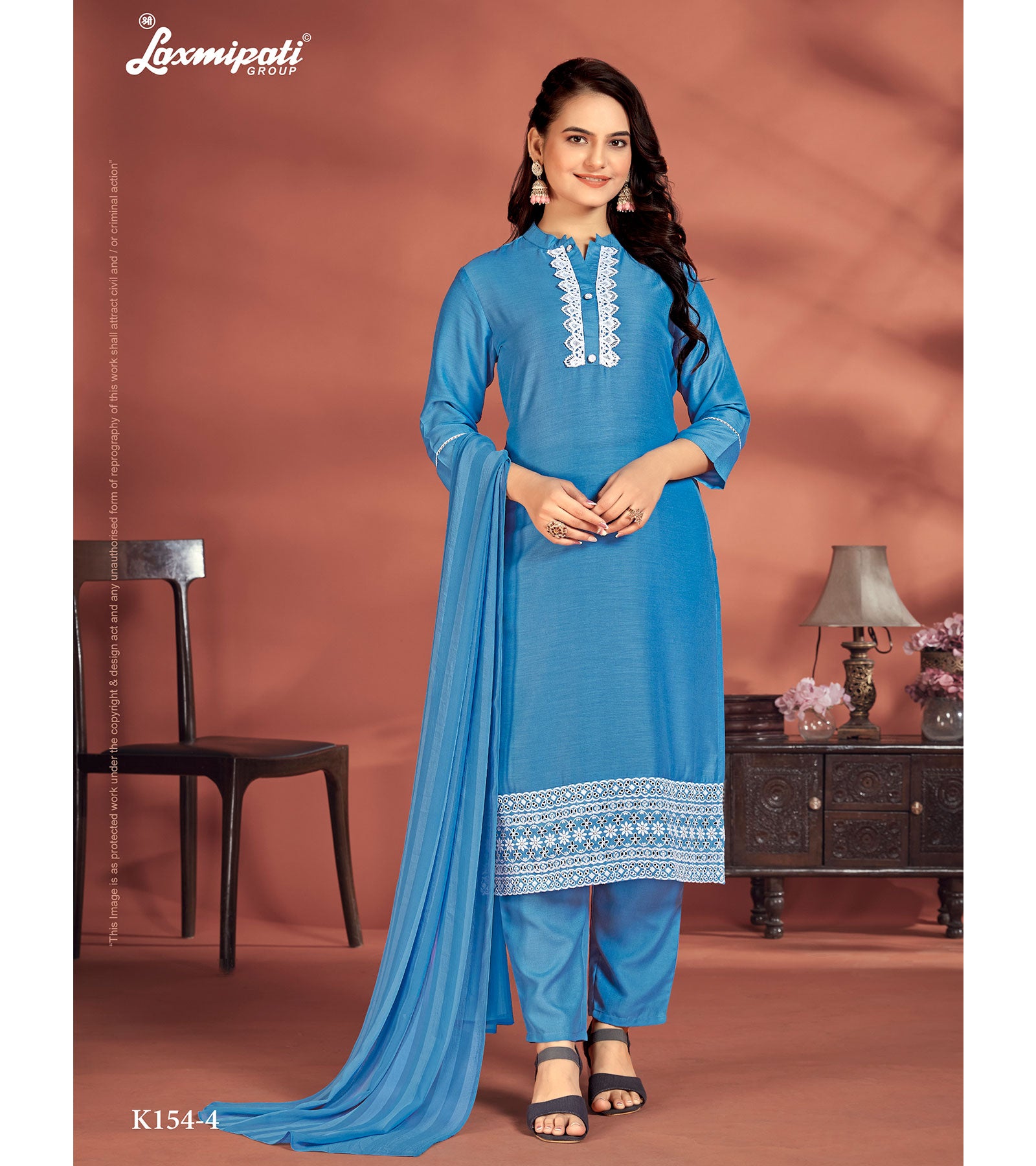 Laxmipati Muslin Base Blue Embroidered Straight Cut Kurti With Pant & Dupatta