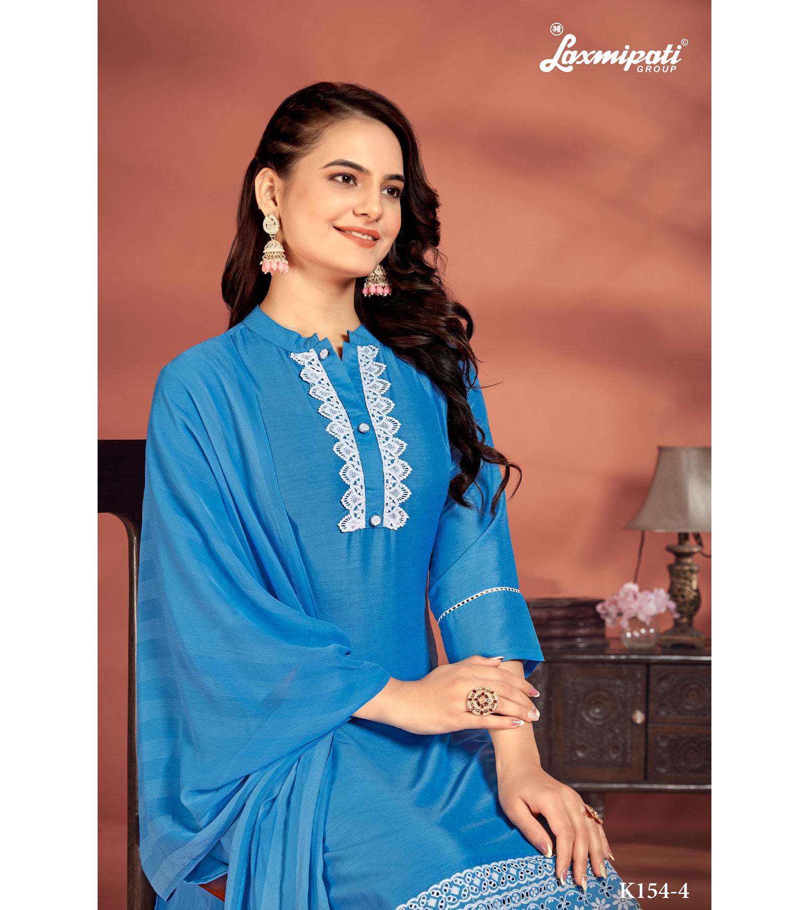 Laxmipati Muslin Base Blue Embroidered Straight Cut Kurti With Pant & Dupatta