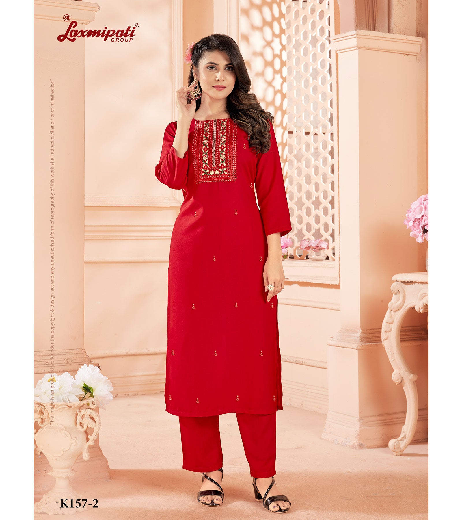 Laxmipati Spun Base Red Embroidered Straight Cut Kurti