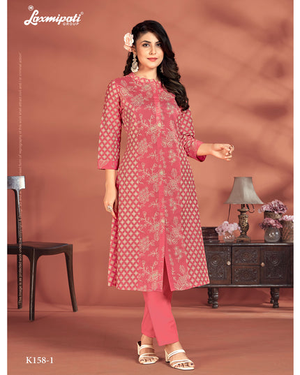 Laxmipati Candy Vico Pink Hand Printed A-Line Front Slit Kurti
