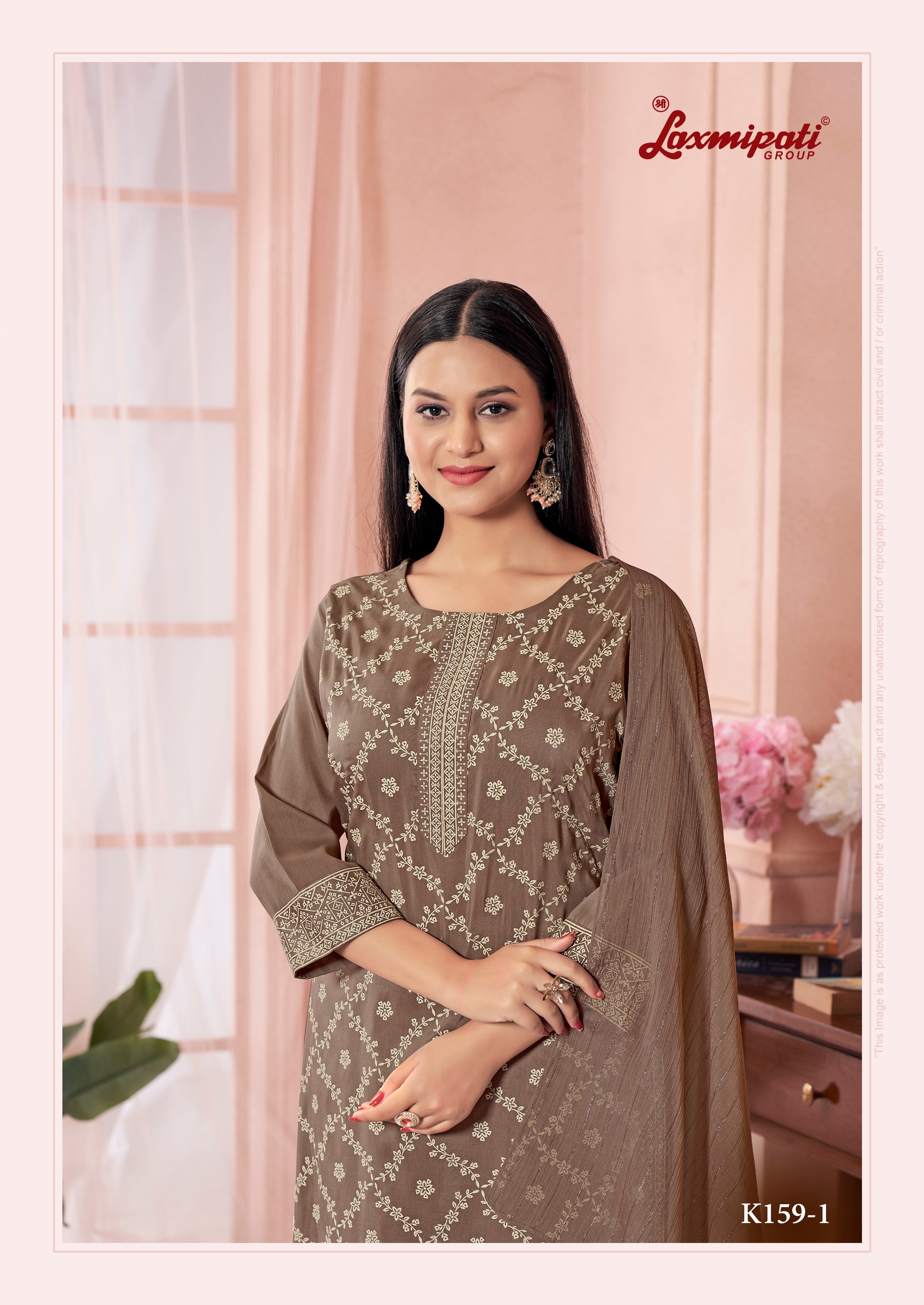 Laxmipati Viscose Caramel Hand Printed Straight Cut Kurti, Pant With Dupatta