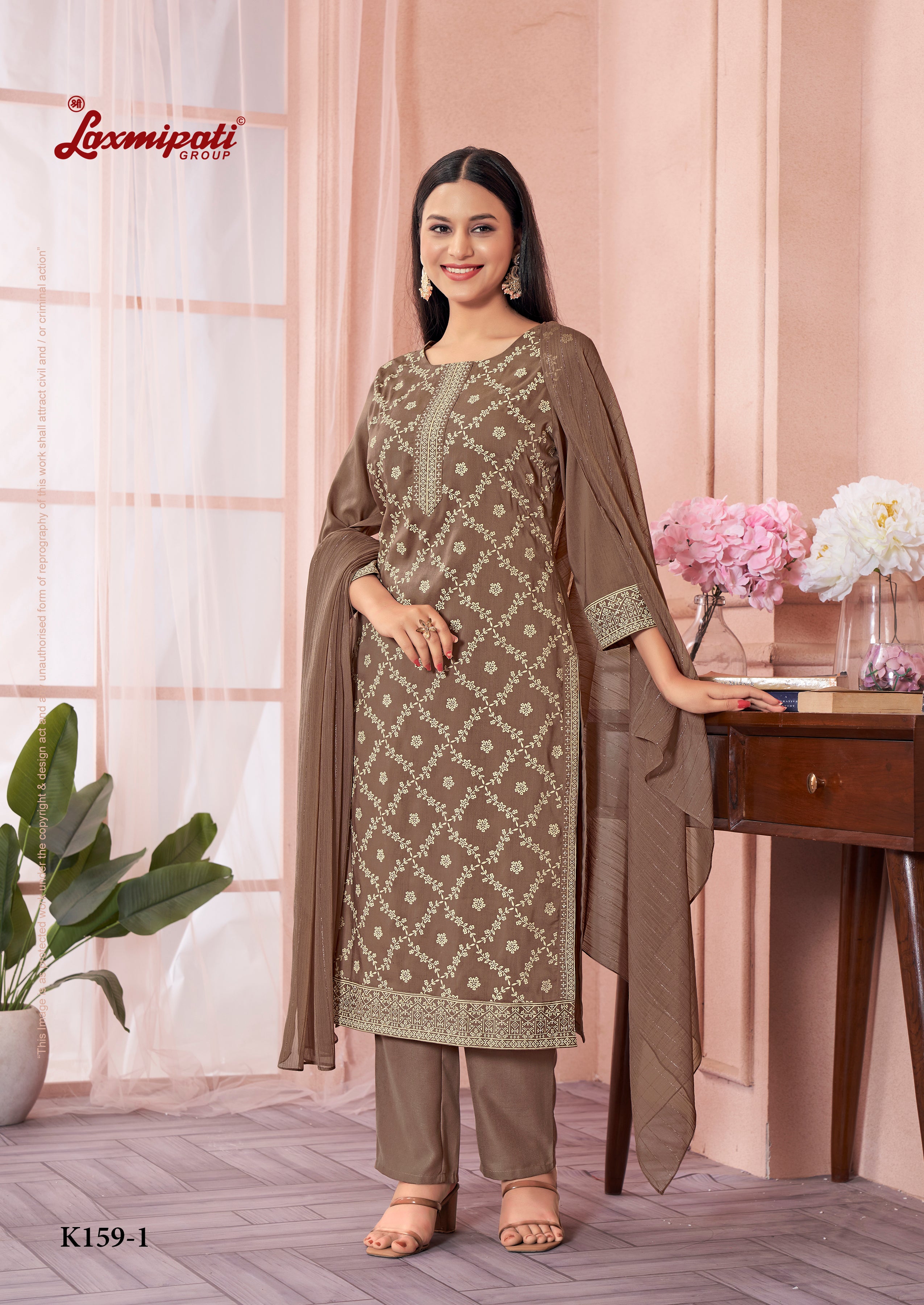 Laxmipati Viscose Caramel Hand Printed Straight Cut Kurti, Pant With Dupatta