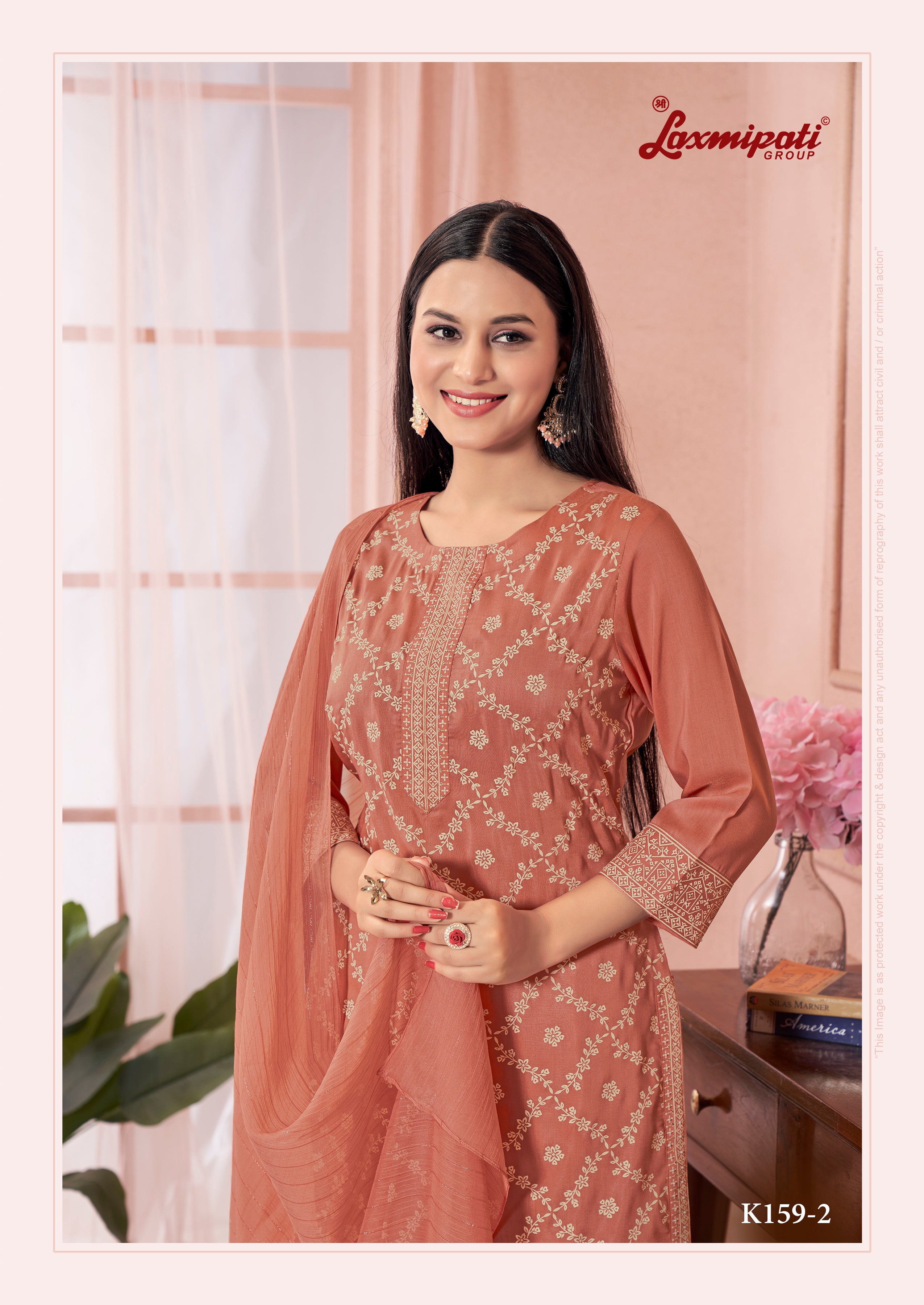 Laxmipati Viscose Rust Hand Printed Straight Cut Kurti, Pant With Dupatta