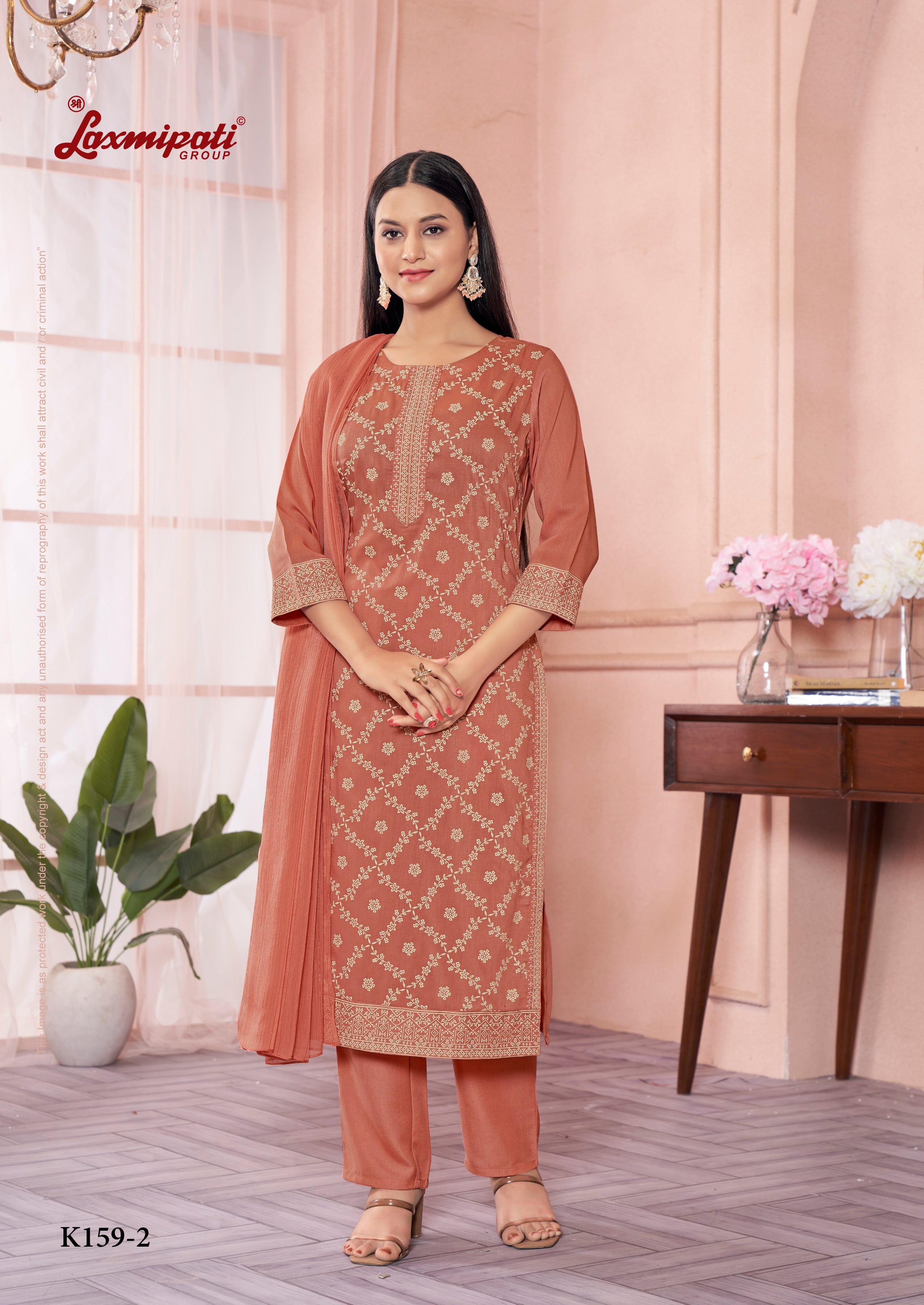 Laxmipati Viscose Rust Hand Printed Straight Cut Kurti, Pant With Dupatta