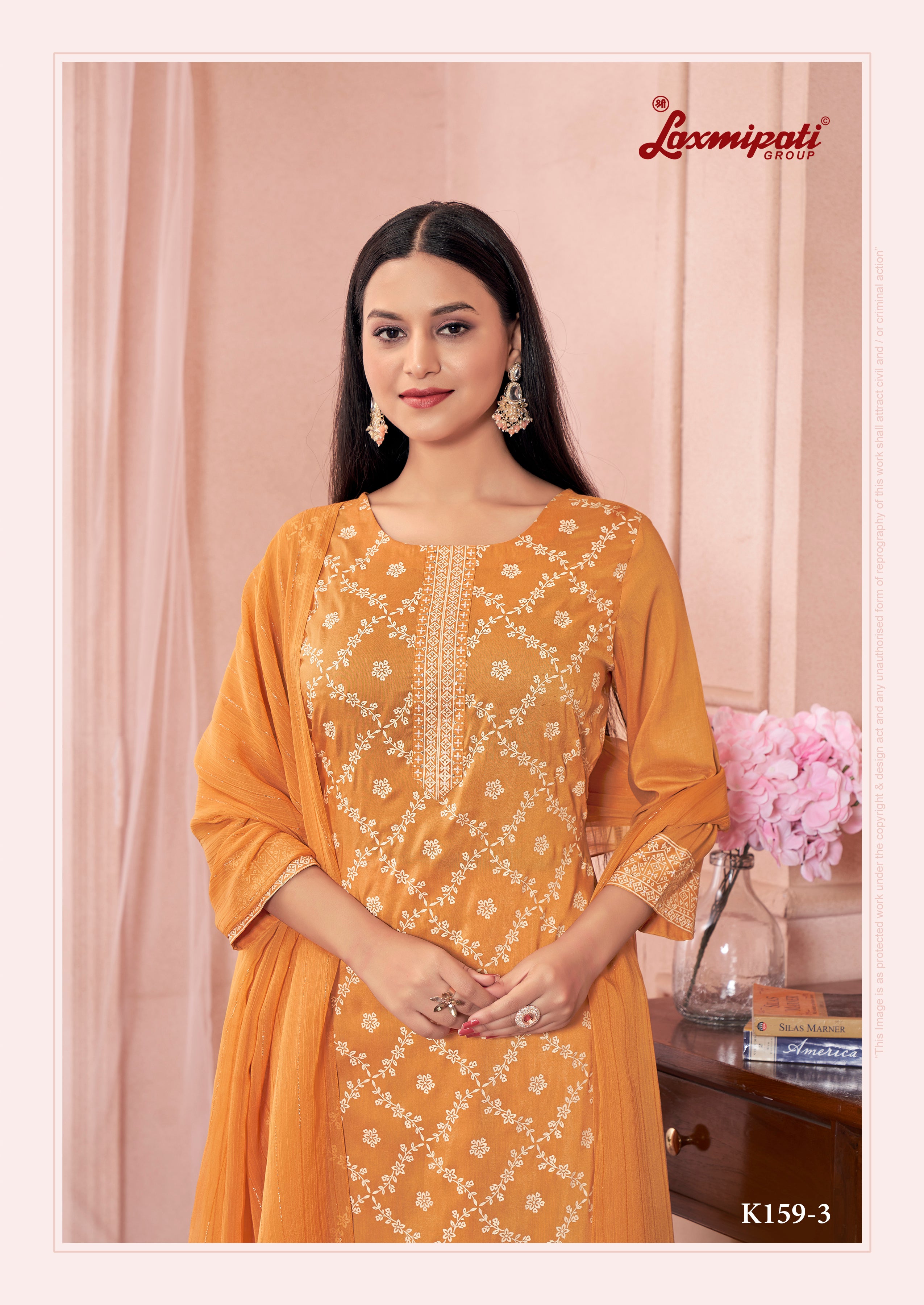 Laxmipati Viscose Bronze Orange Hand Printed Straight Cut Kurti, Pant With Dupatta