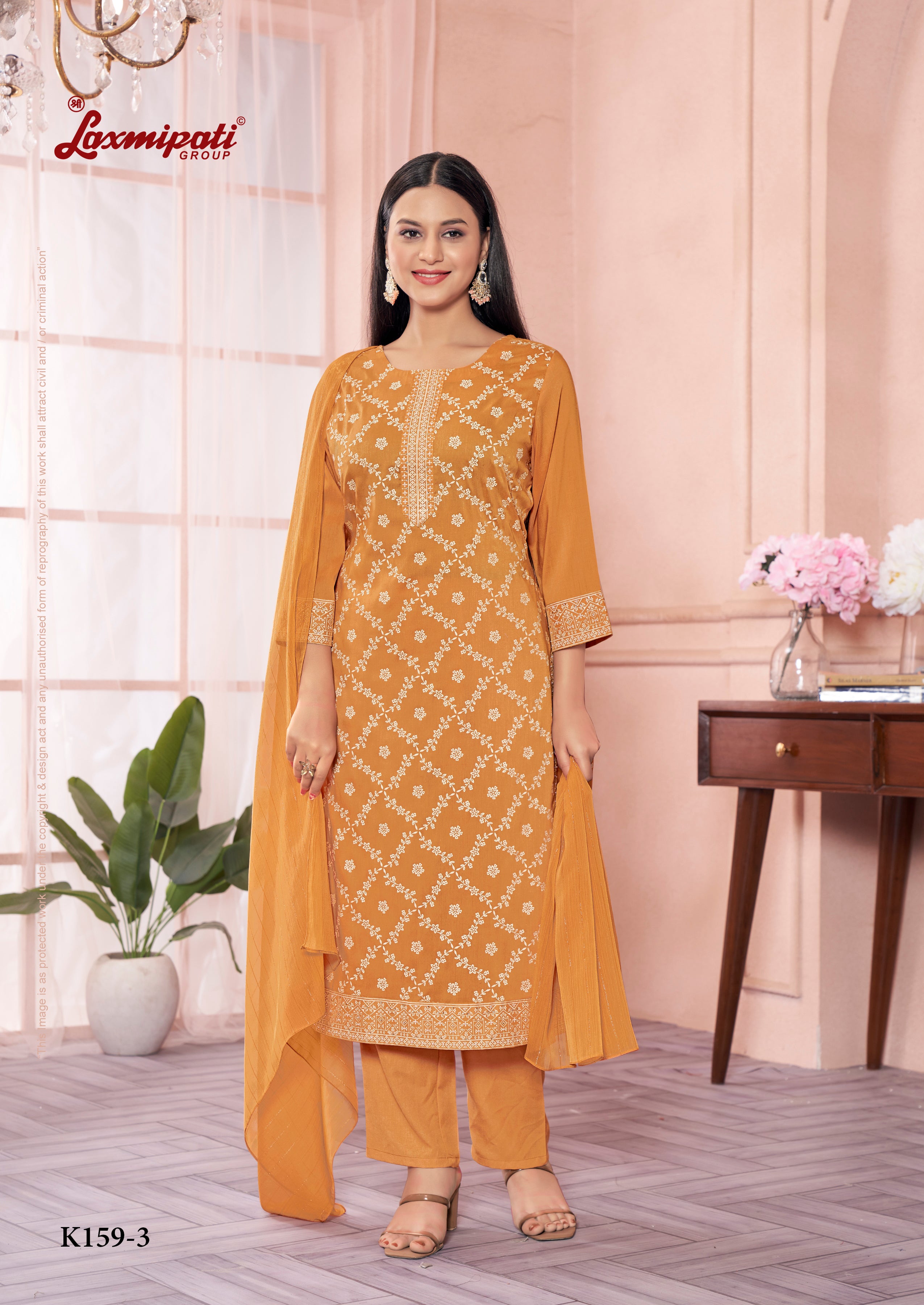 Laxmipati Viscose Bronze Orange Hand Printed Straight Cut Kurti, Pant With Dupatta