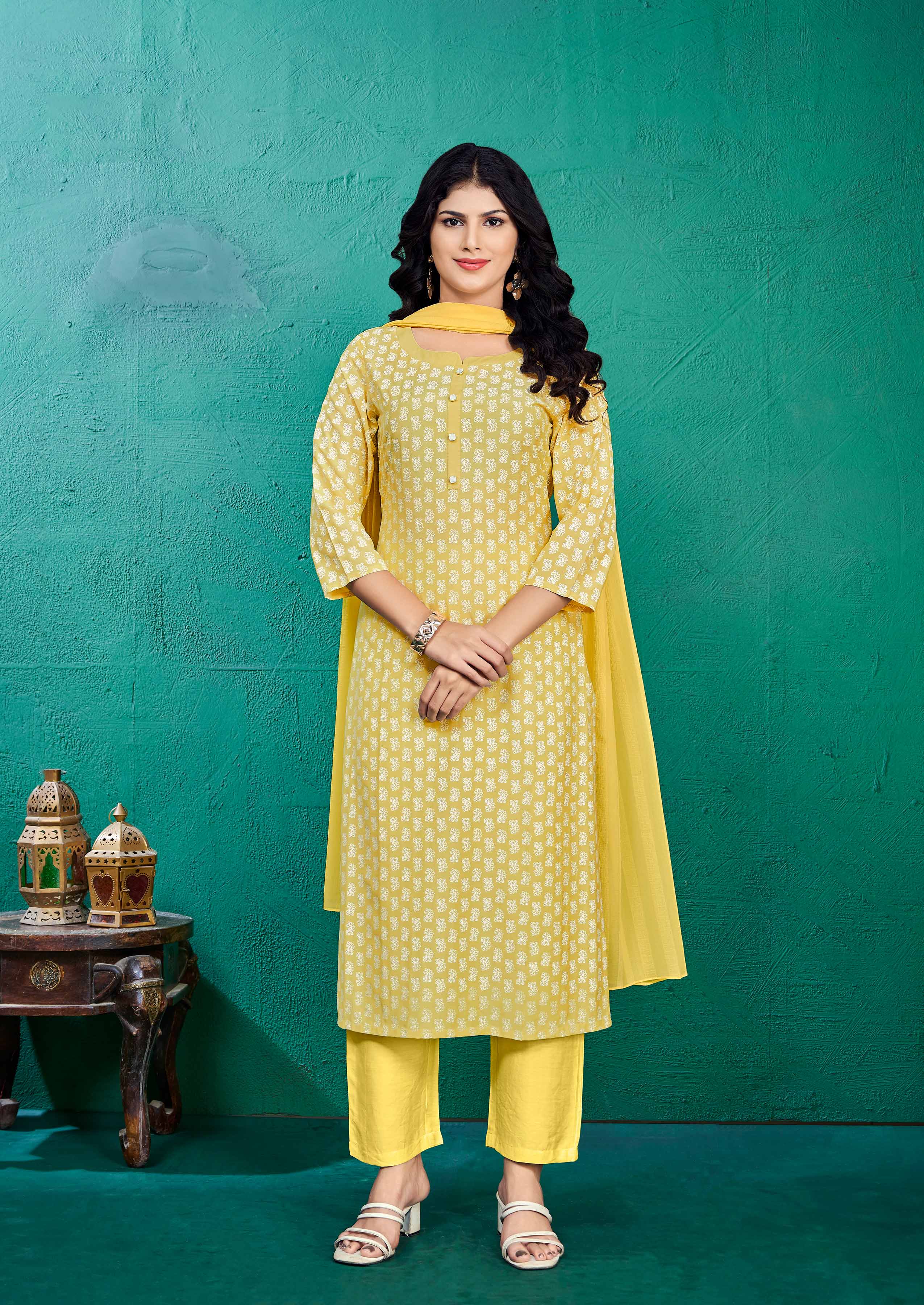 Laxmipati Kashish Floral Printed Straight Kurta Set with Trousers & Dupatta in Yellow Color