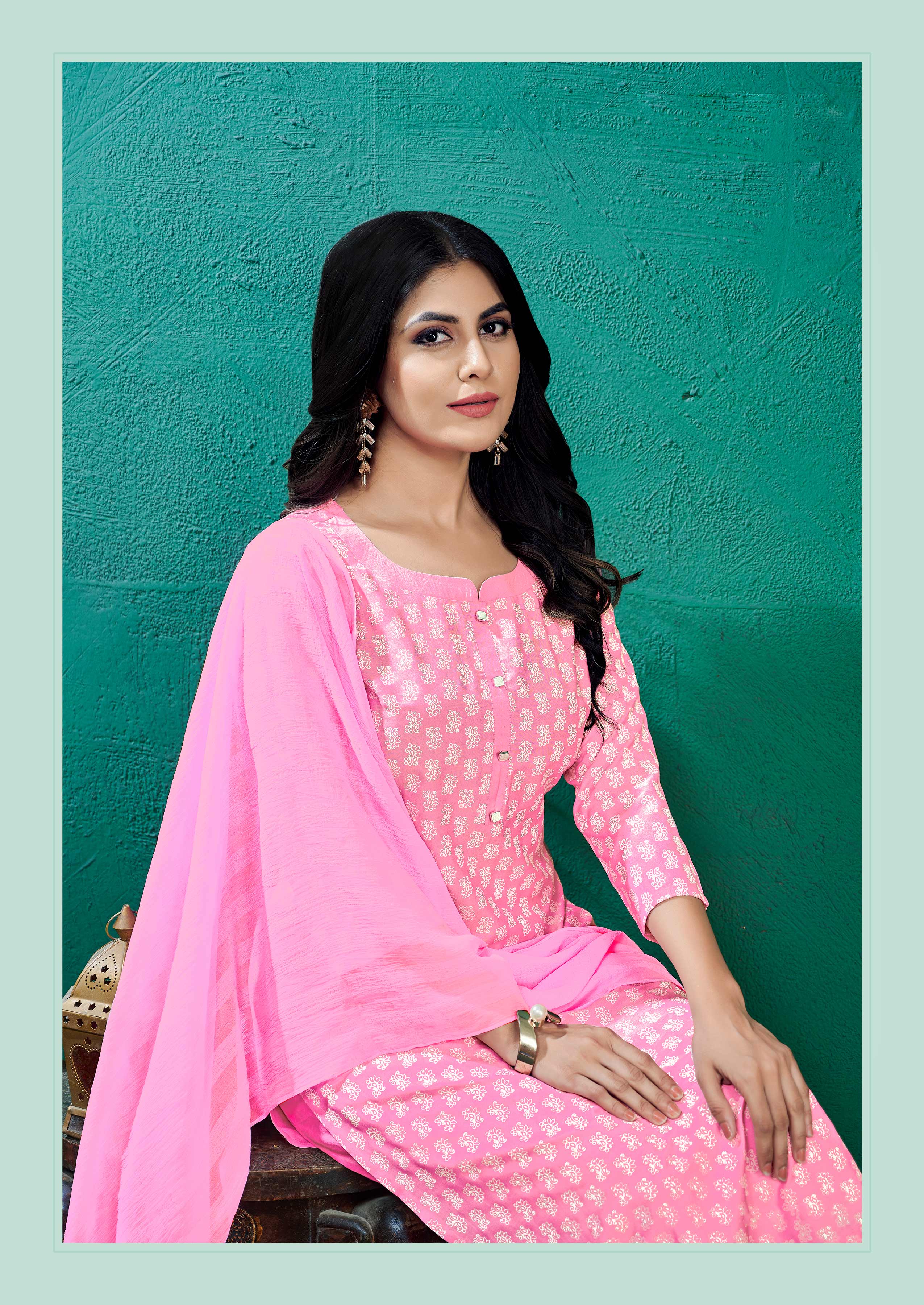 Laxmipati Kashish Floral Printed Straight Kurta Set with Trousers & Dupatta in Pink Color