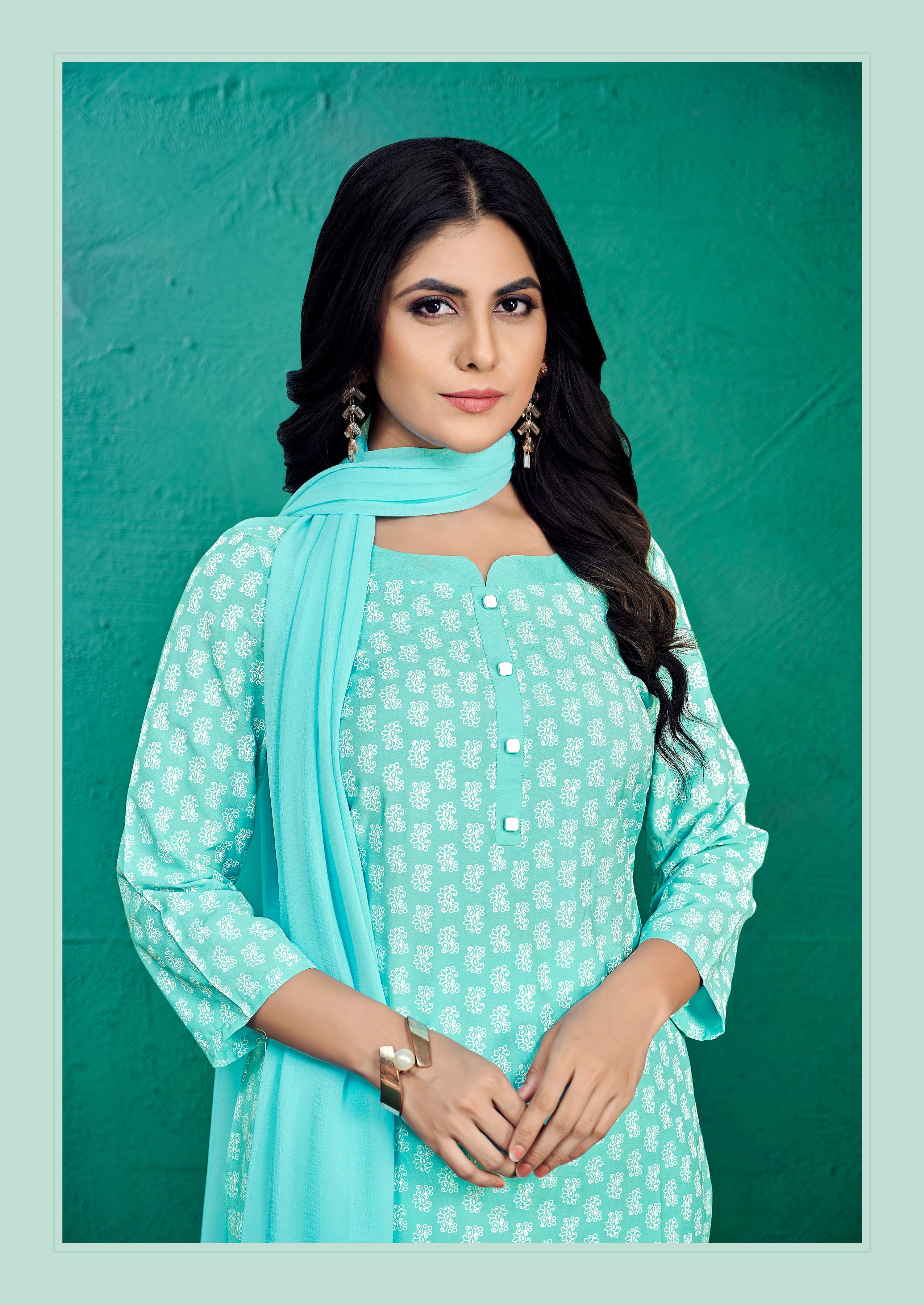 Laxmipati Kashish Floral Printed Straight Kurta Set with Trousers & Dupatta in Teal Color