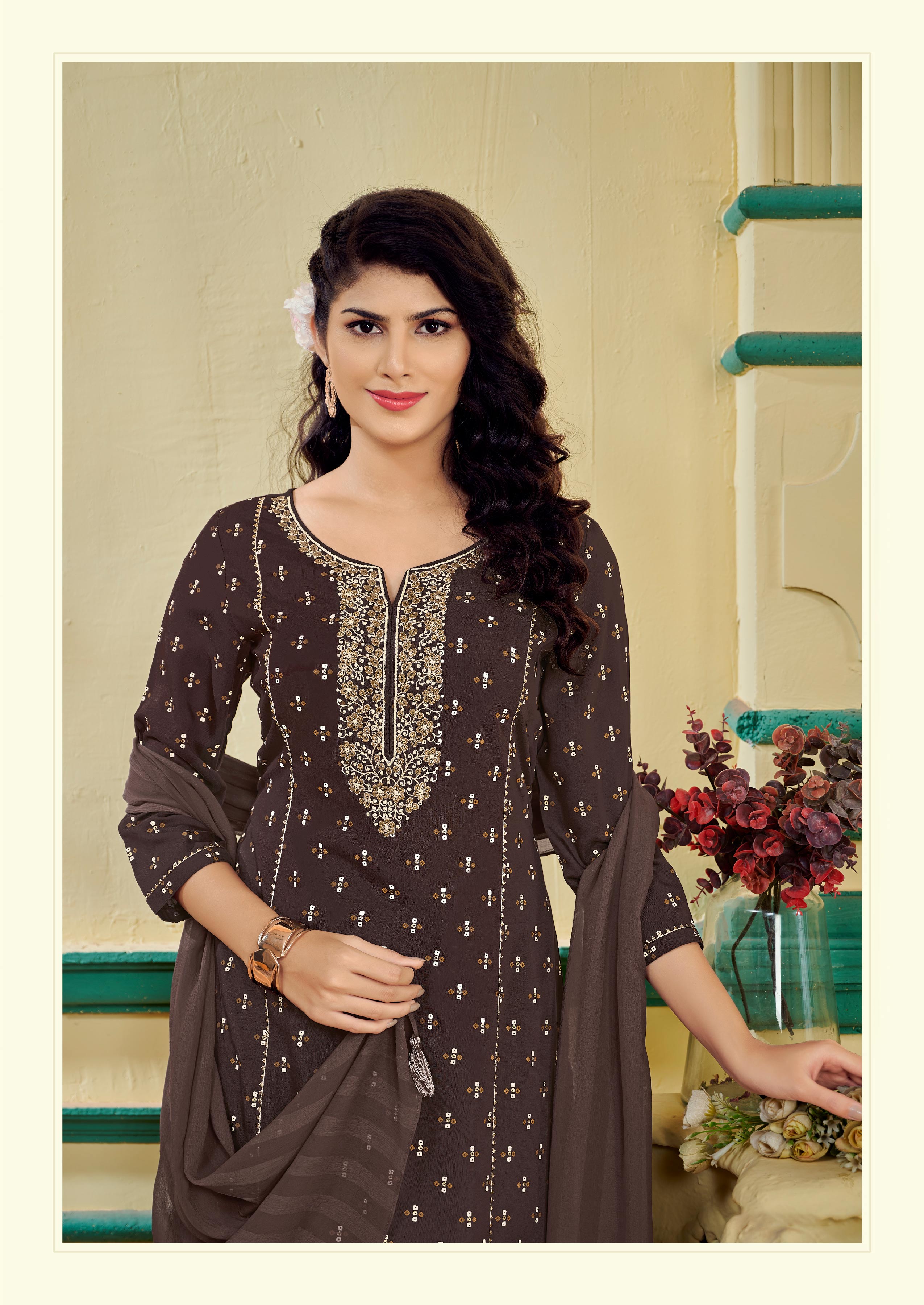 Brown Embroidered Kurti Set with Pant and Dupatta Set - Manjari
