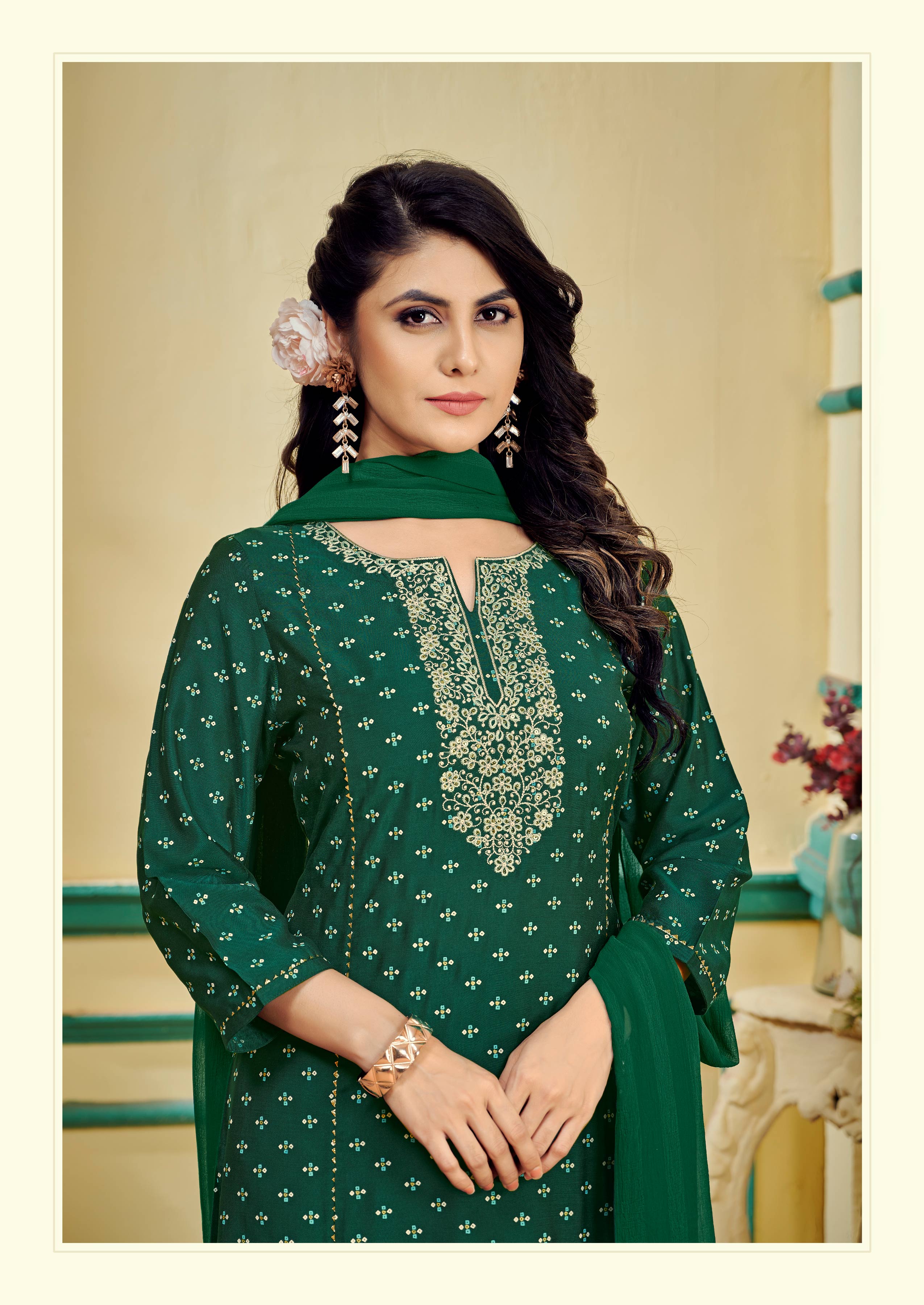 Green Embroidered Kurti Set with Pant and Dupatta Set - Manjari