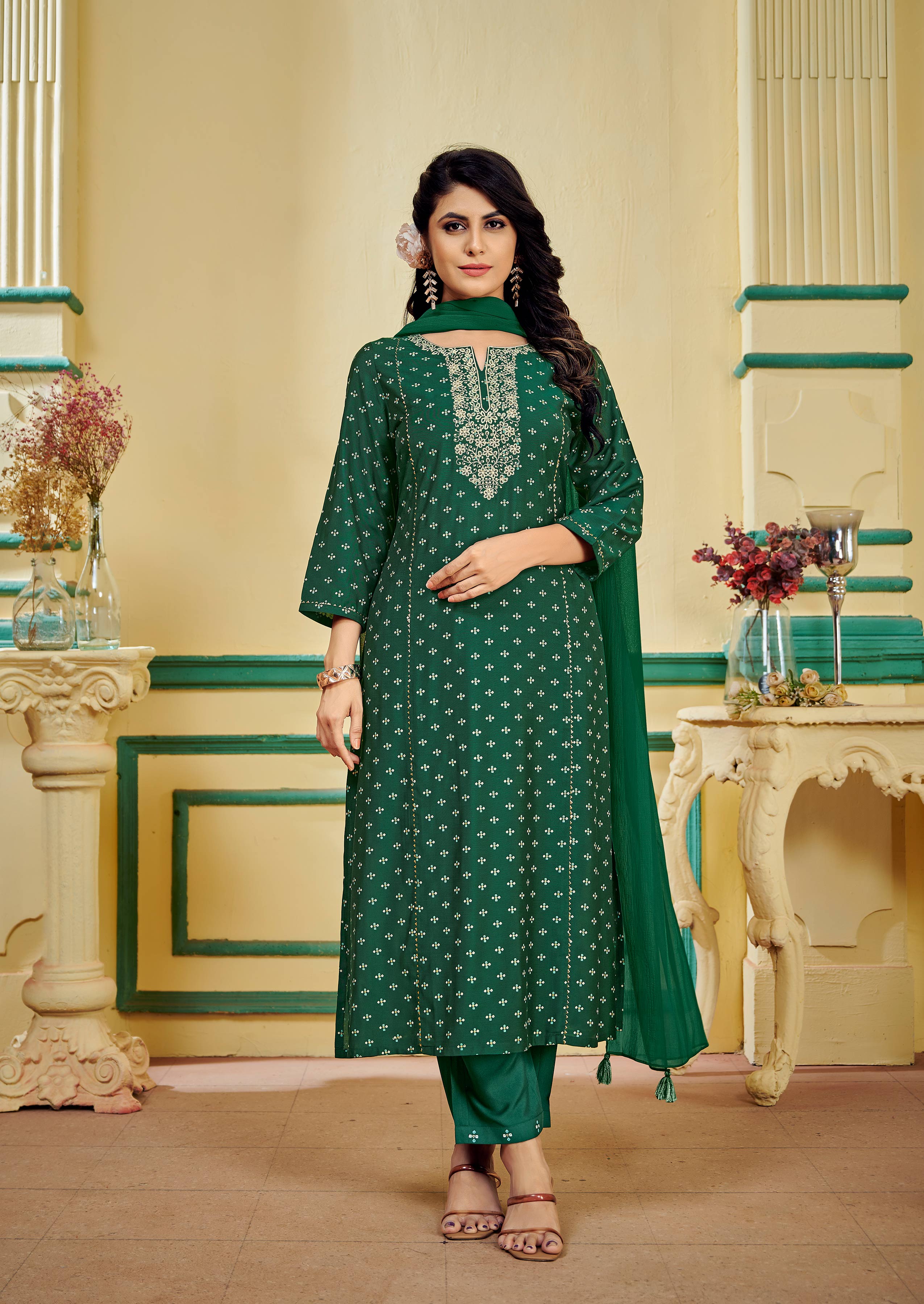 Green Embroidered Kurti Set with Pant and Dupatta Set - Manjari
