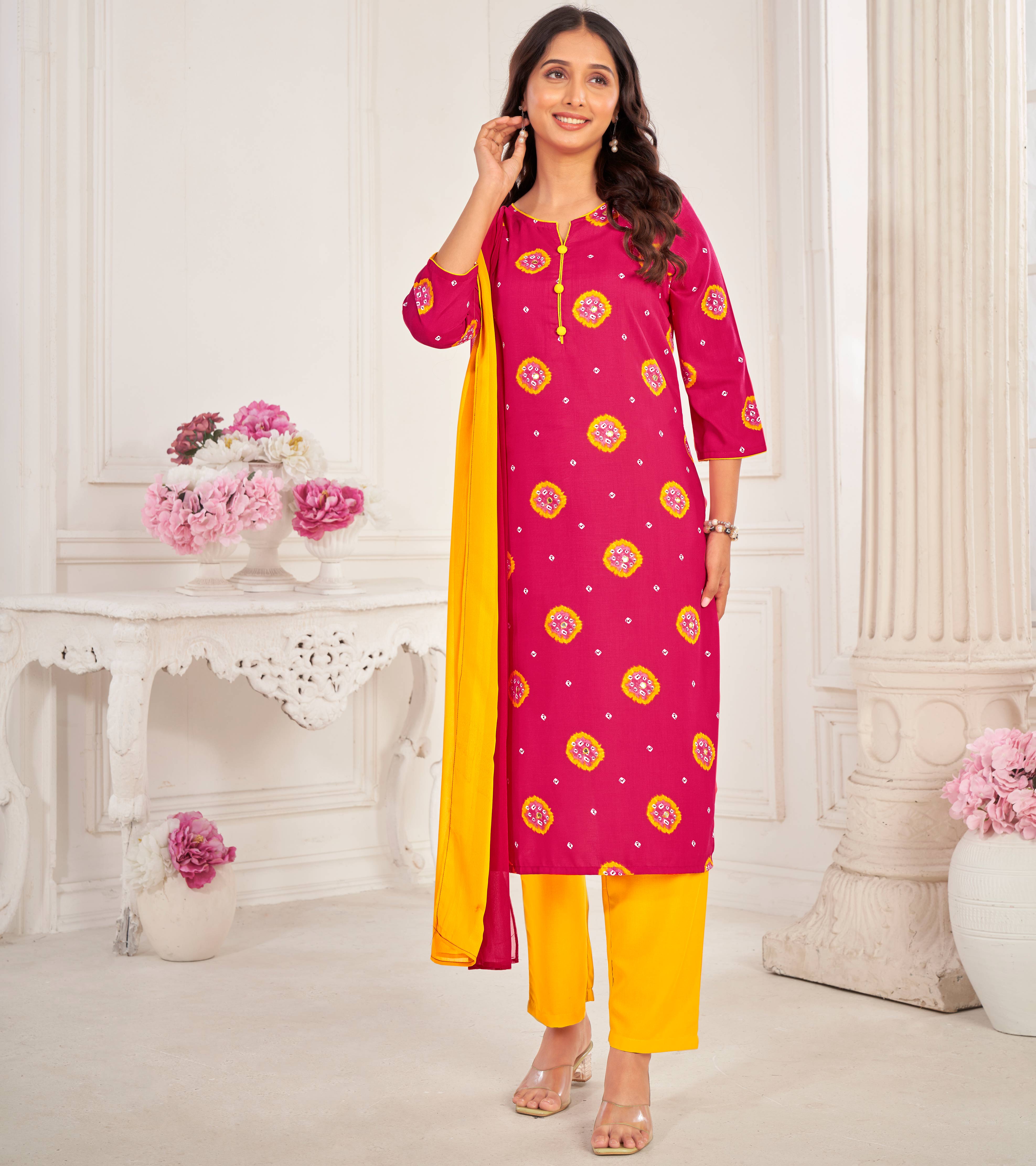 Pink Muslin Printed Straight Kurta with Pant and Dupatta Set - Bandhani