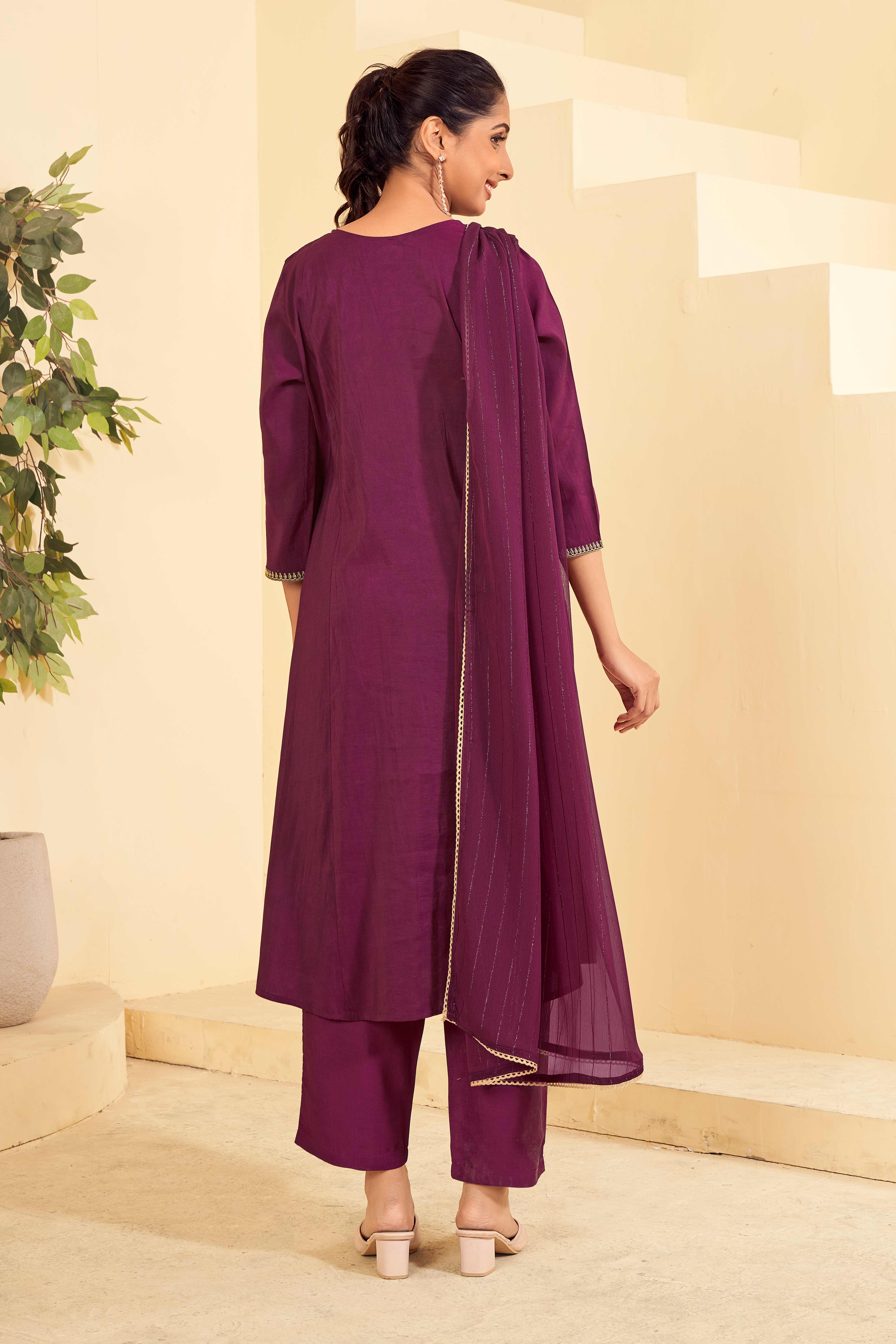 Laxmipati Tara Sequin Work Straight Kurta Set with Trousers & Dupatta in Wine Color