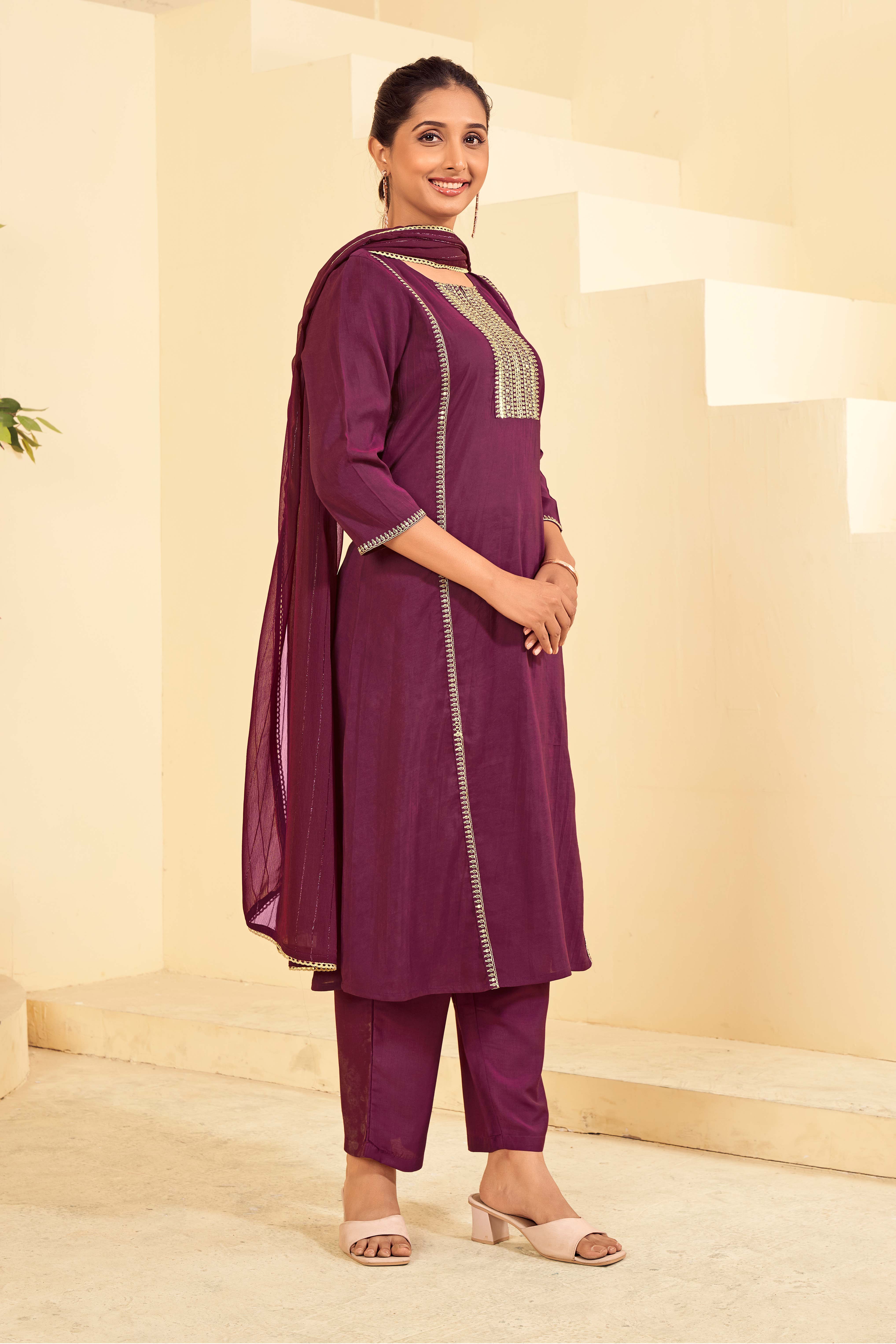 Laxmipati Tara Sequin Work Straight Kurta Set with Trousers & Dupatta in Wine Color
